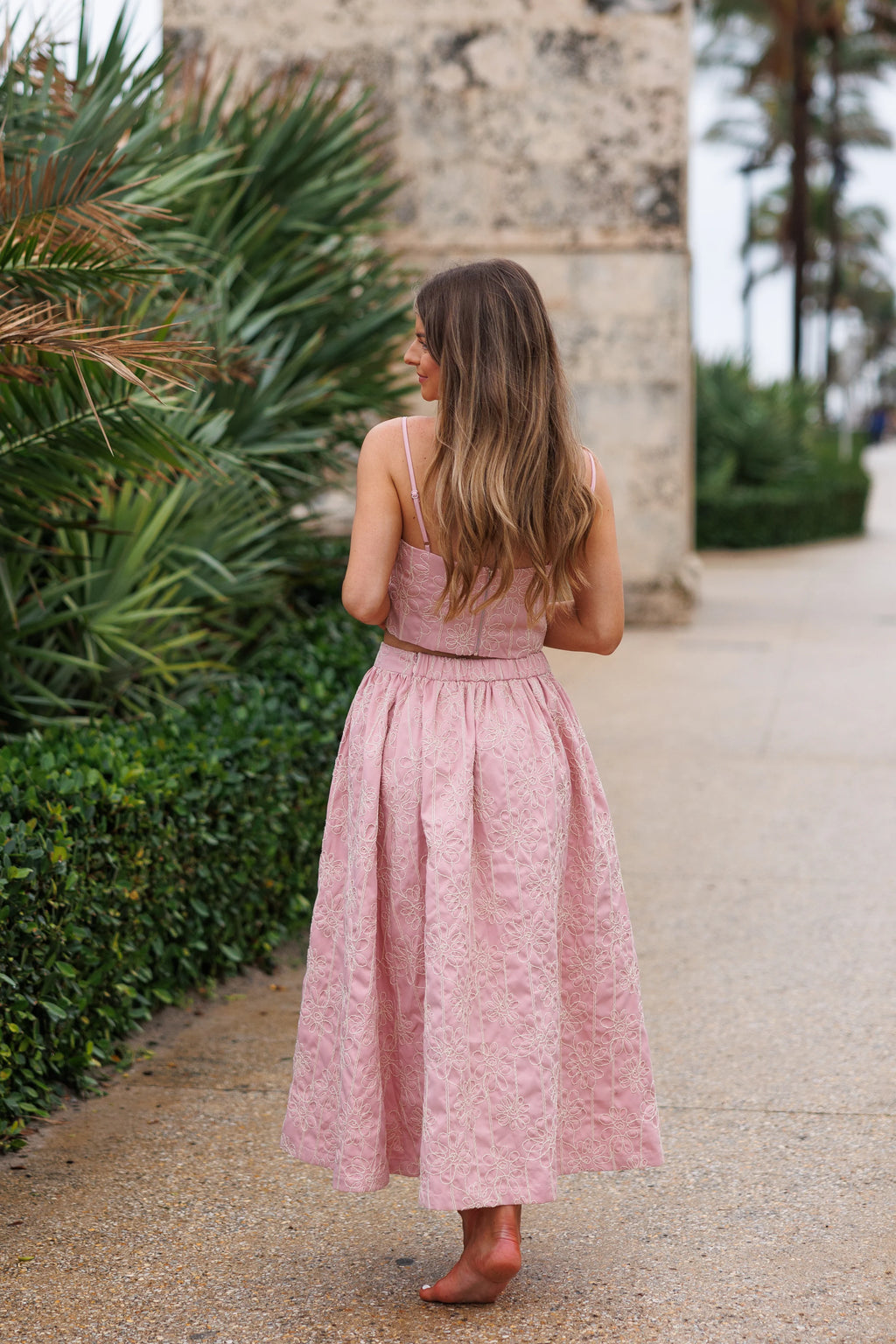 Pink Avenue Embroidered Maxi Skirt And Top Set - Light Pink