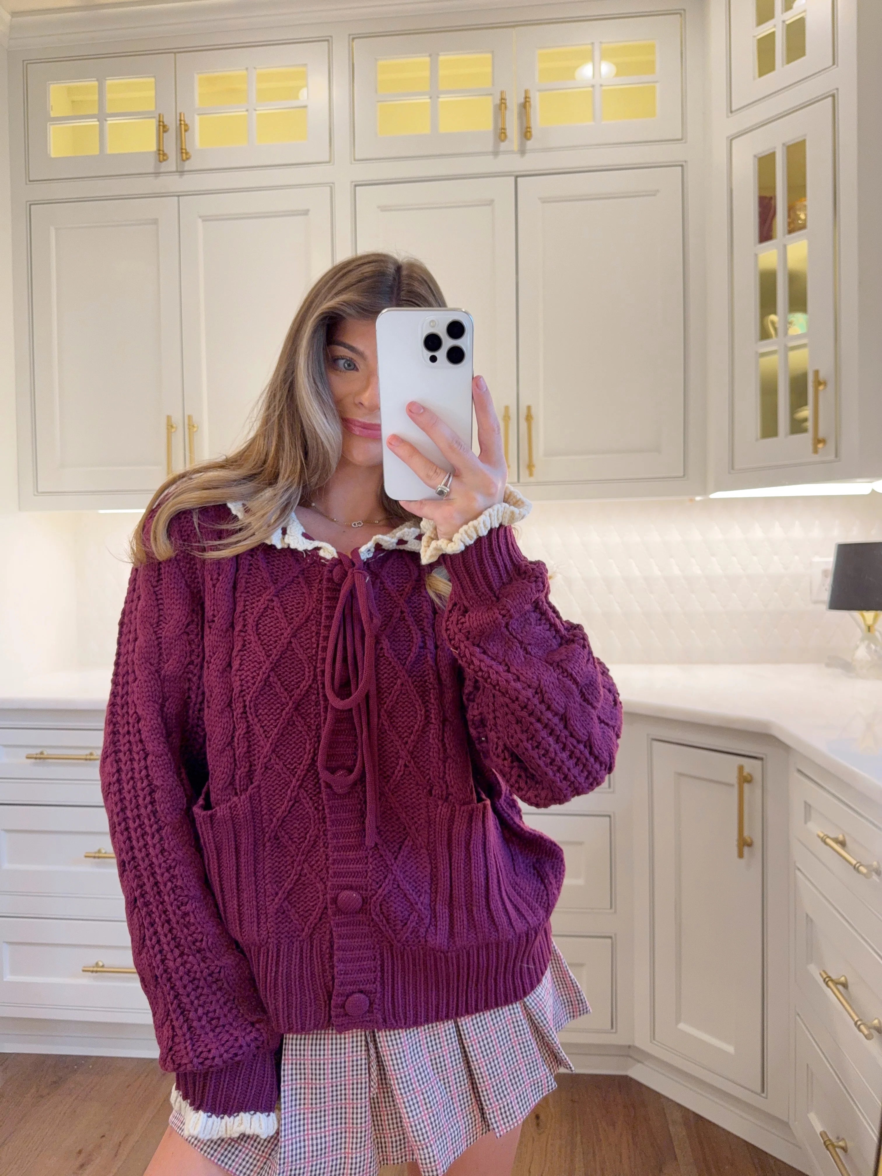 Two-Tone Crochet Collar Cable Knit Cardigan