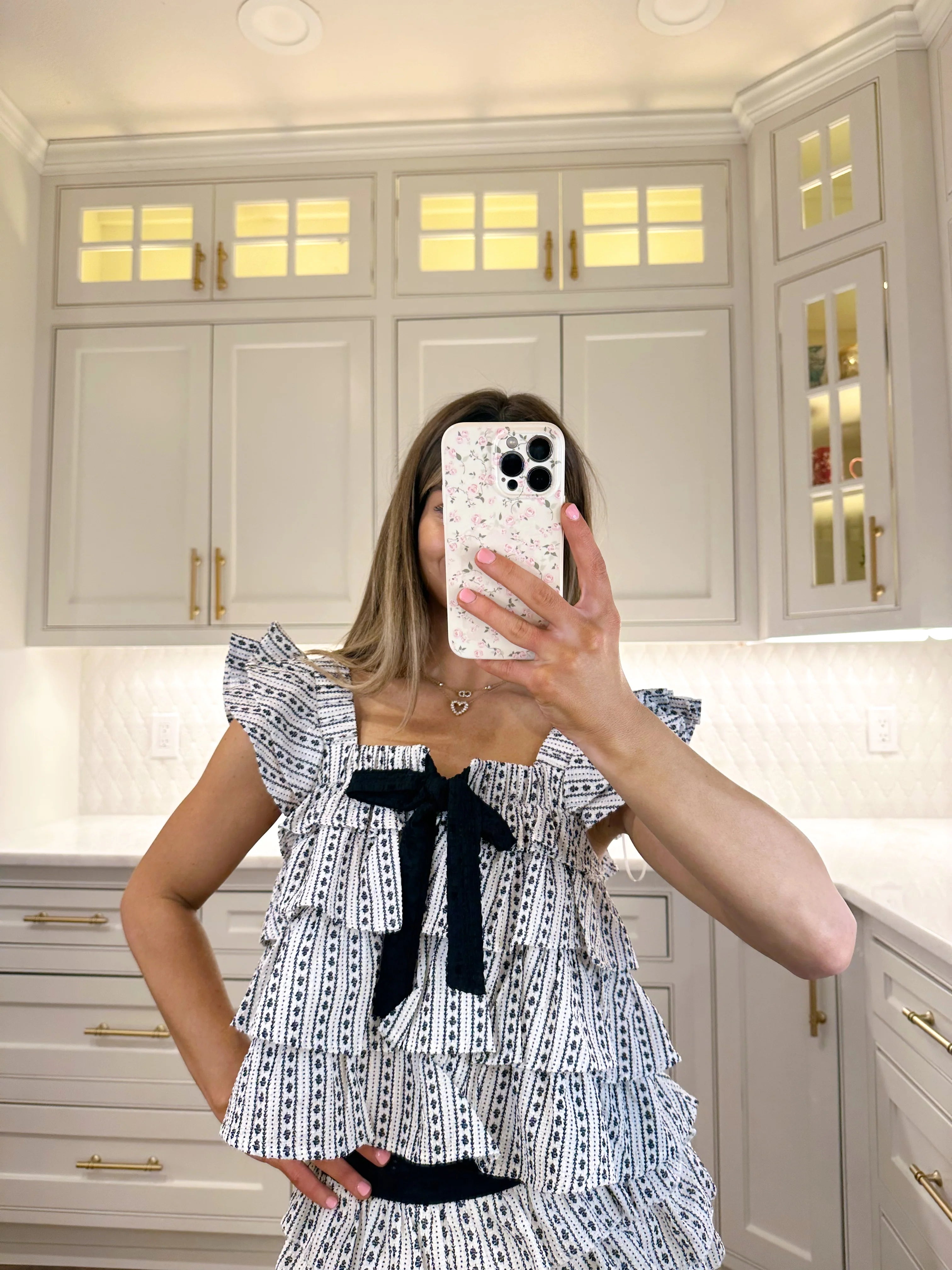 Thalassa Flower Stripe Ruffle Top - Black / White