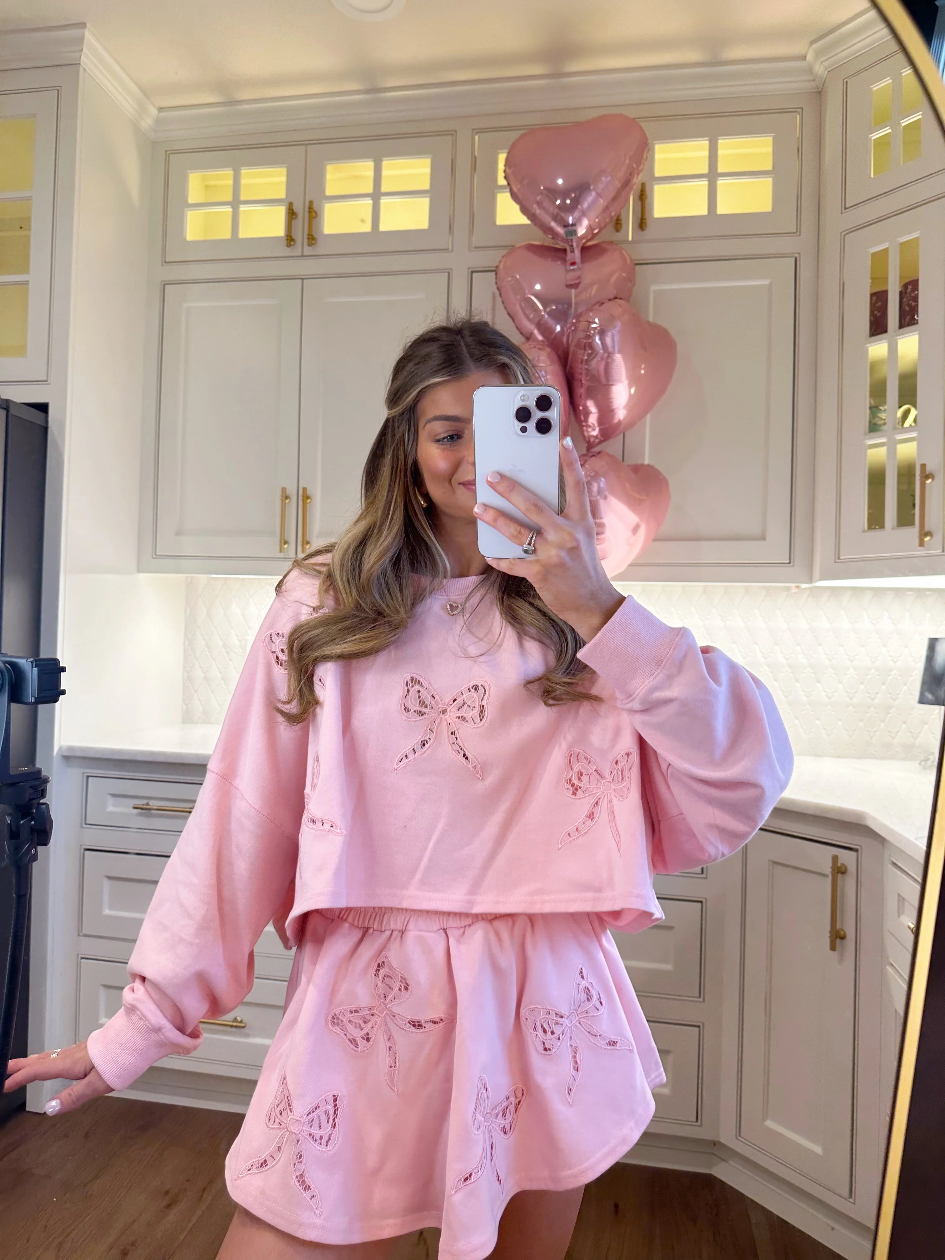 Show Me Love Bow Lace Embellished French Terry Set - Light Pink