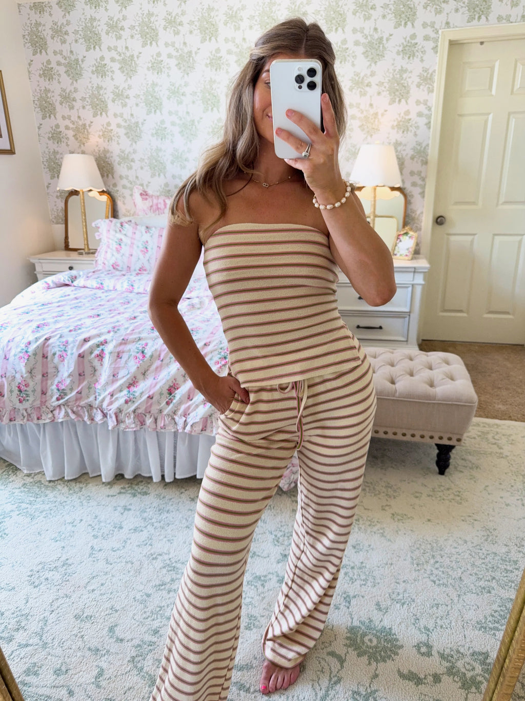 Monroe Striped Tube Top and Pant Set - Cream / Green / Pink
