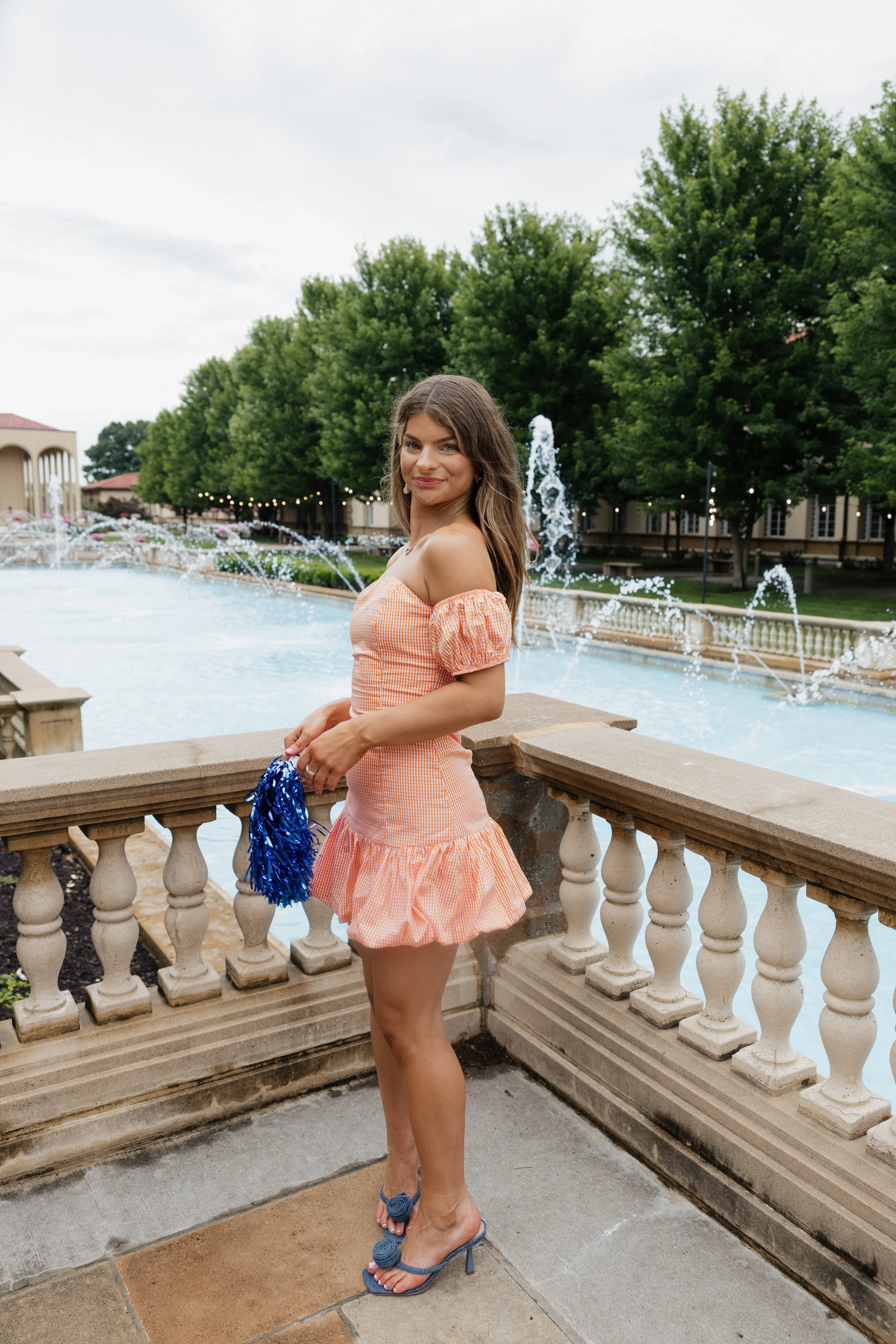 Leia Gingham Off The Shoulder Mini Dress - Orange / White