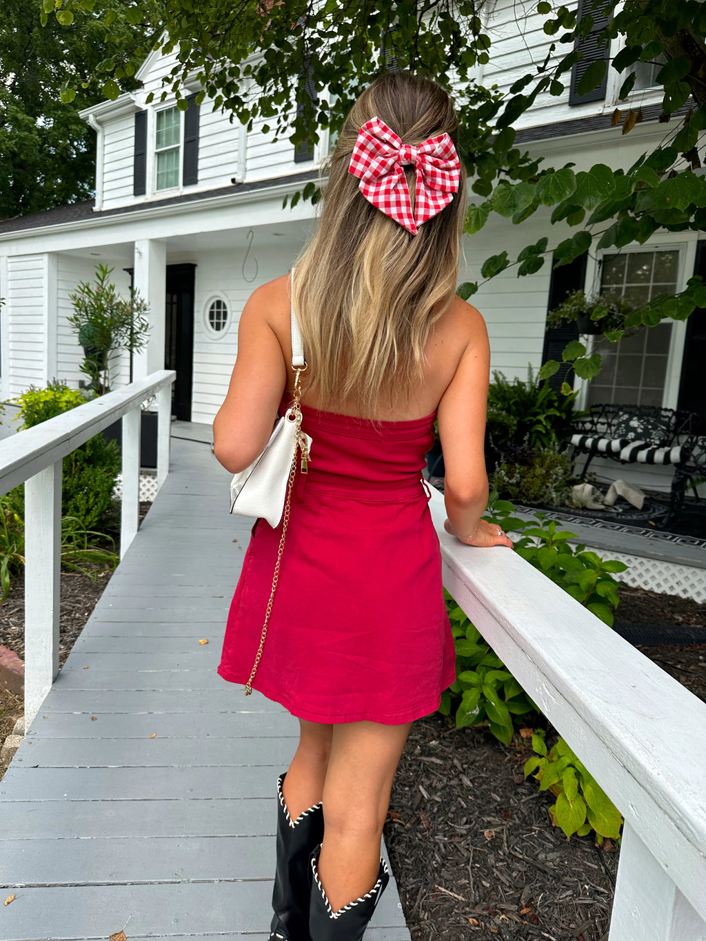 Darby Strapless Denim Romper - Crimson