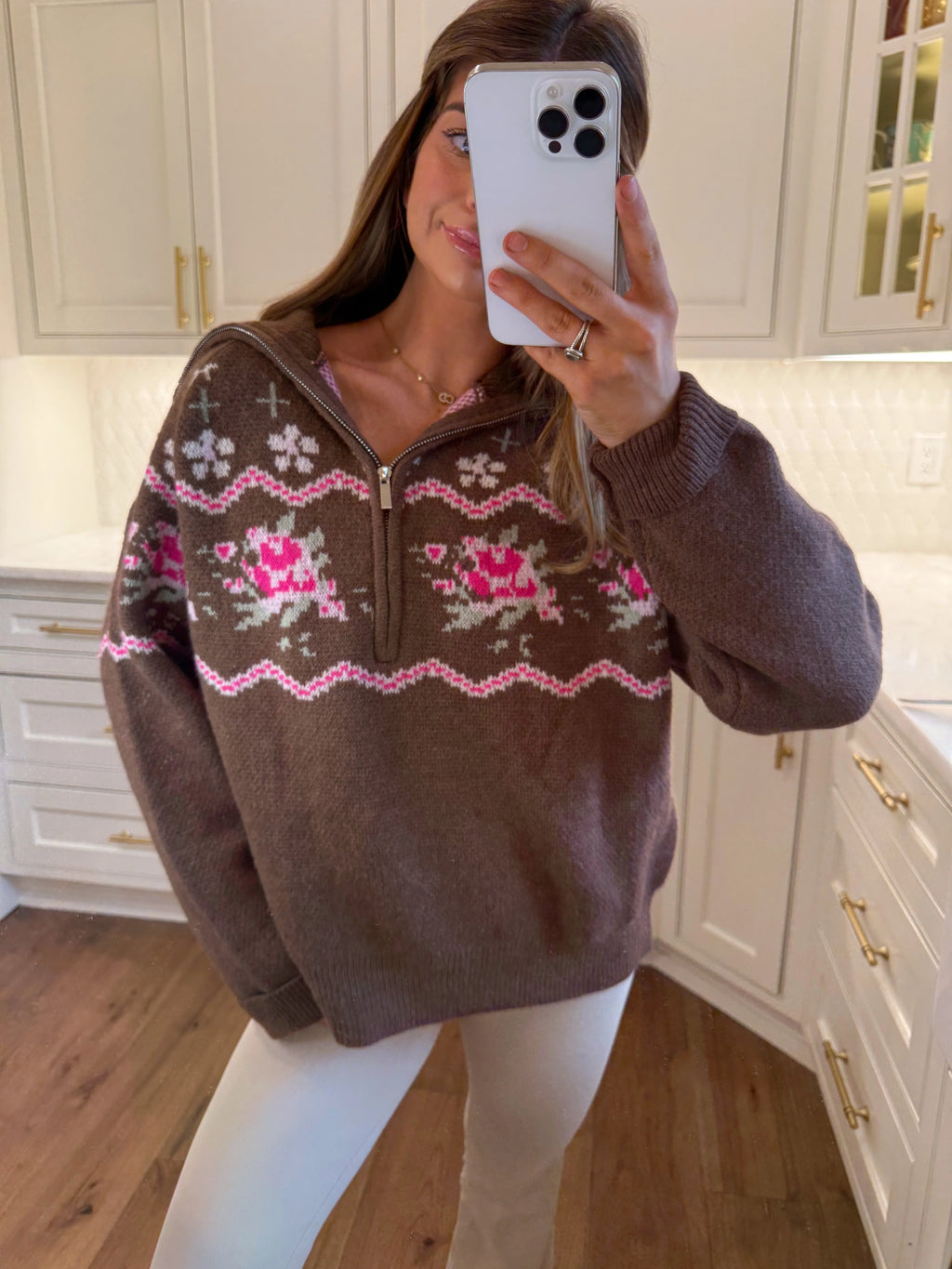 Toddy Knitted Fair Aisle Half Zip Sweater - Chesnut