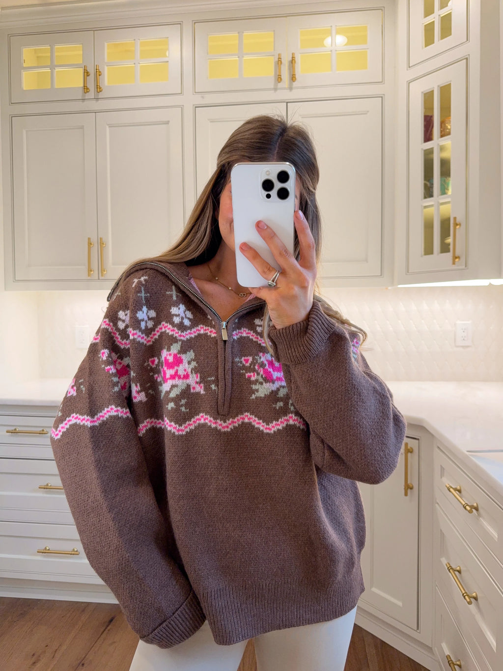 Toddy Knitted Fair Aisle Half Zip Sweater - Chesnut