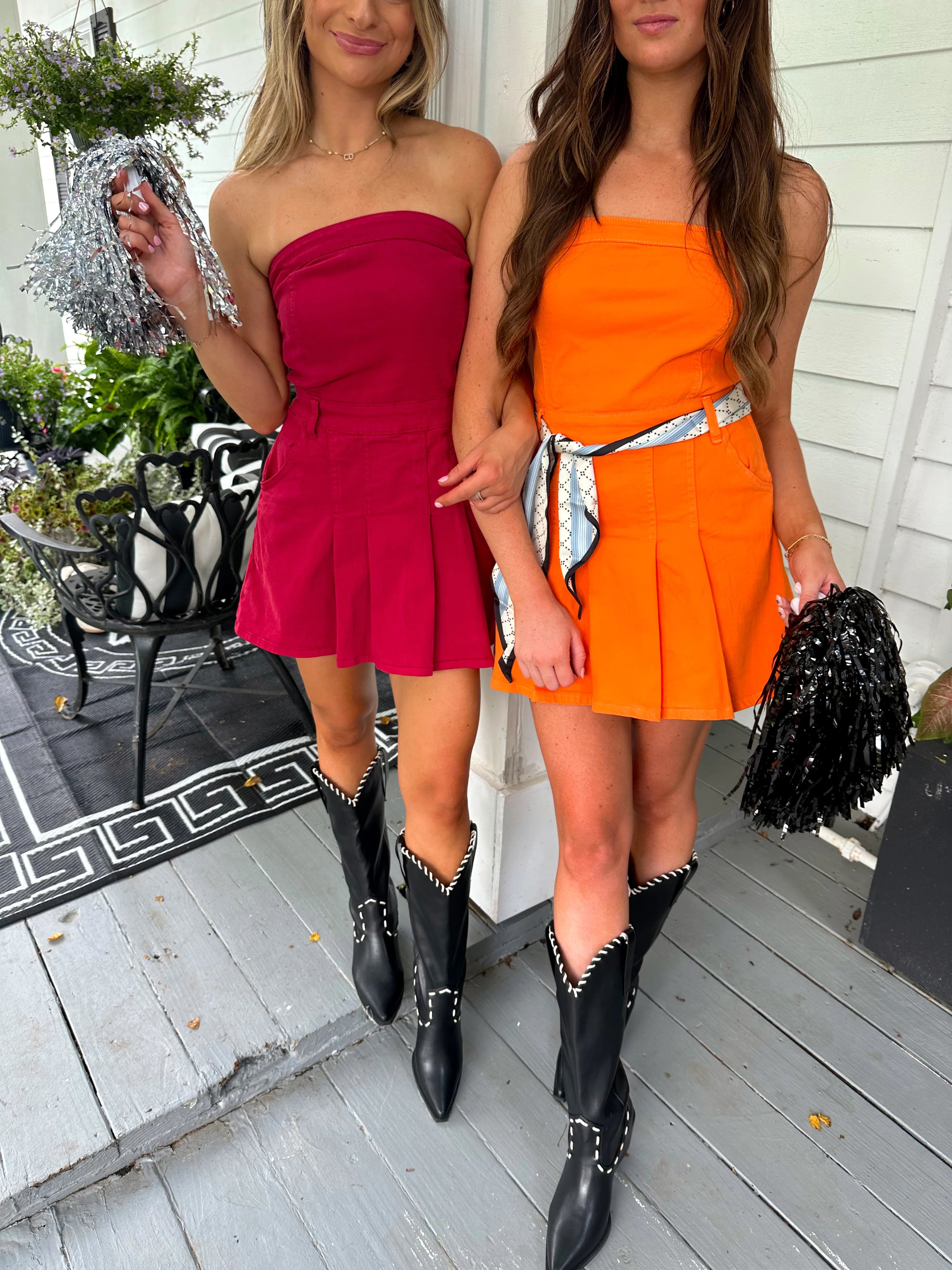 Darby Strapless Denim Romper - Crimson