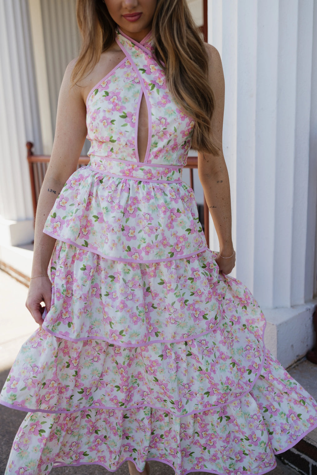 Bonnie Floral Halter Midi Dress - Pink Multi