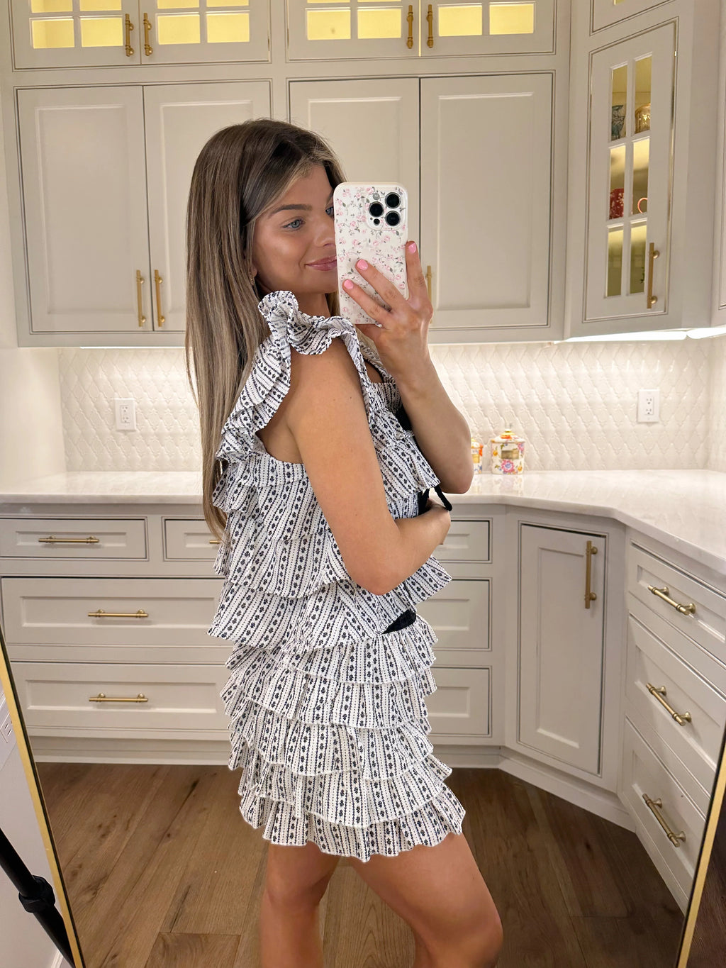 Thalassa Flower Stripe Ruffle Mini Skirt - Black / White