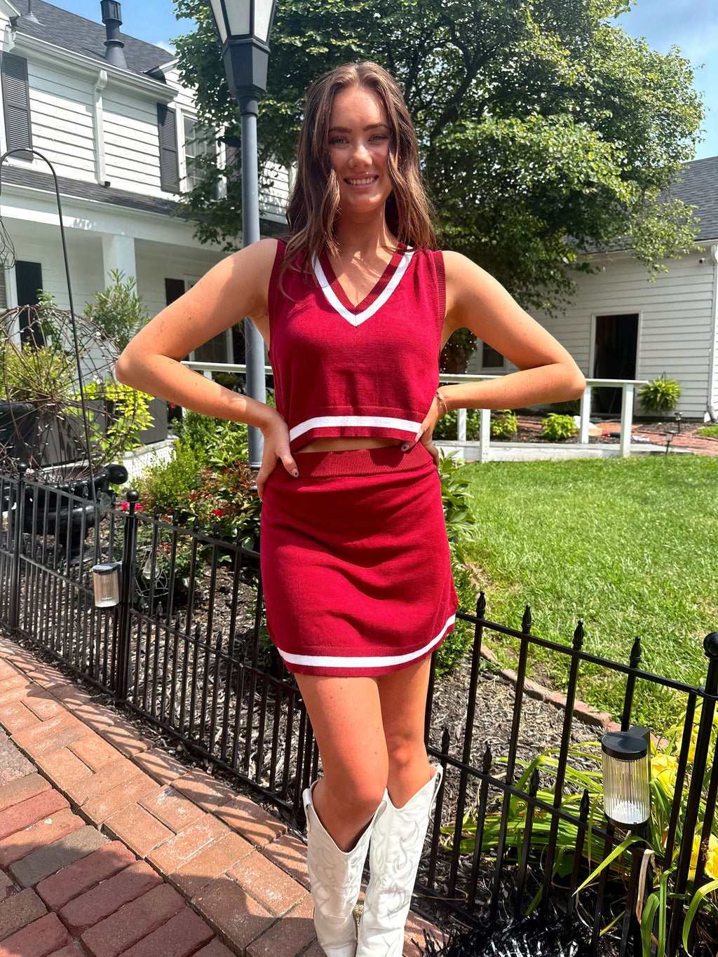 Emory Striped Sweater Top and Skirt Set - Crimson/White