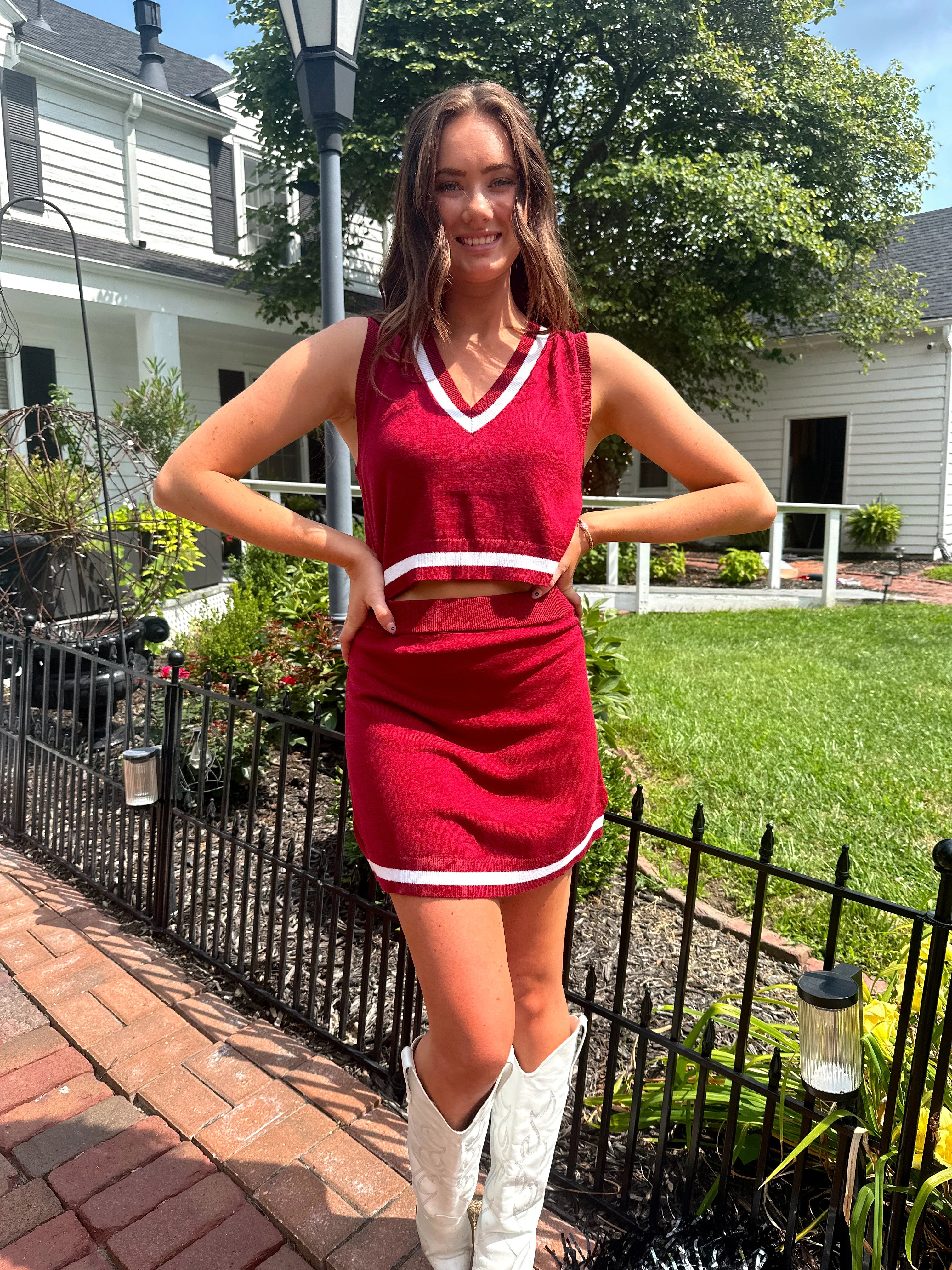 Emory Striped Sweater Top and Skirt Set - Crimson/White