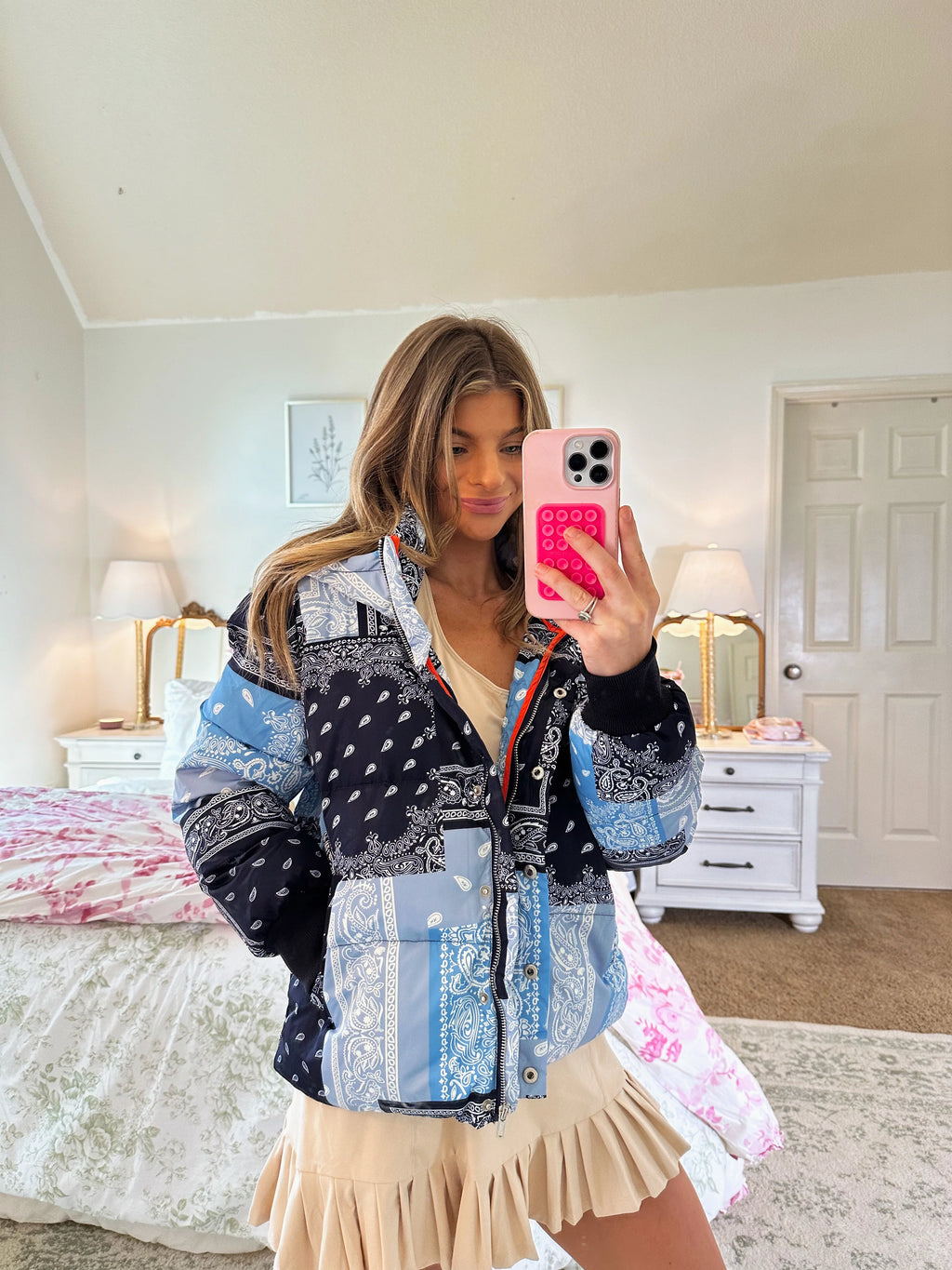 Bandana Print Puffer Jacket - Navy / Blue