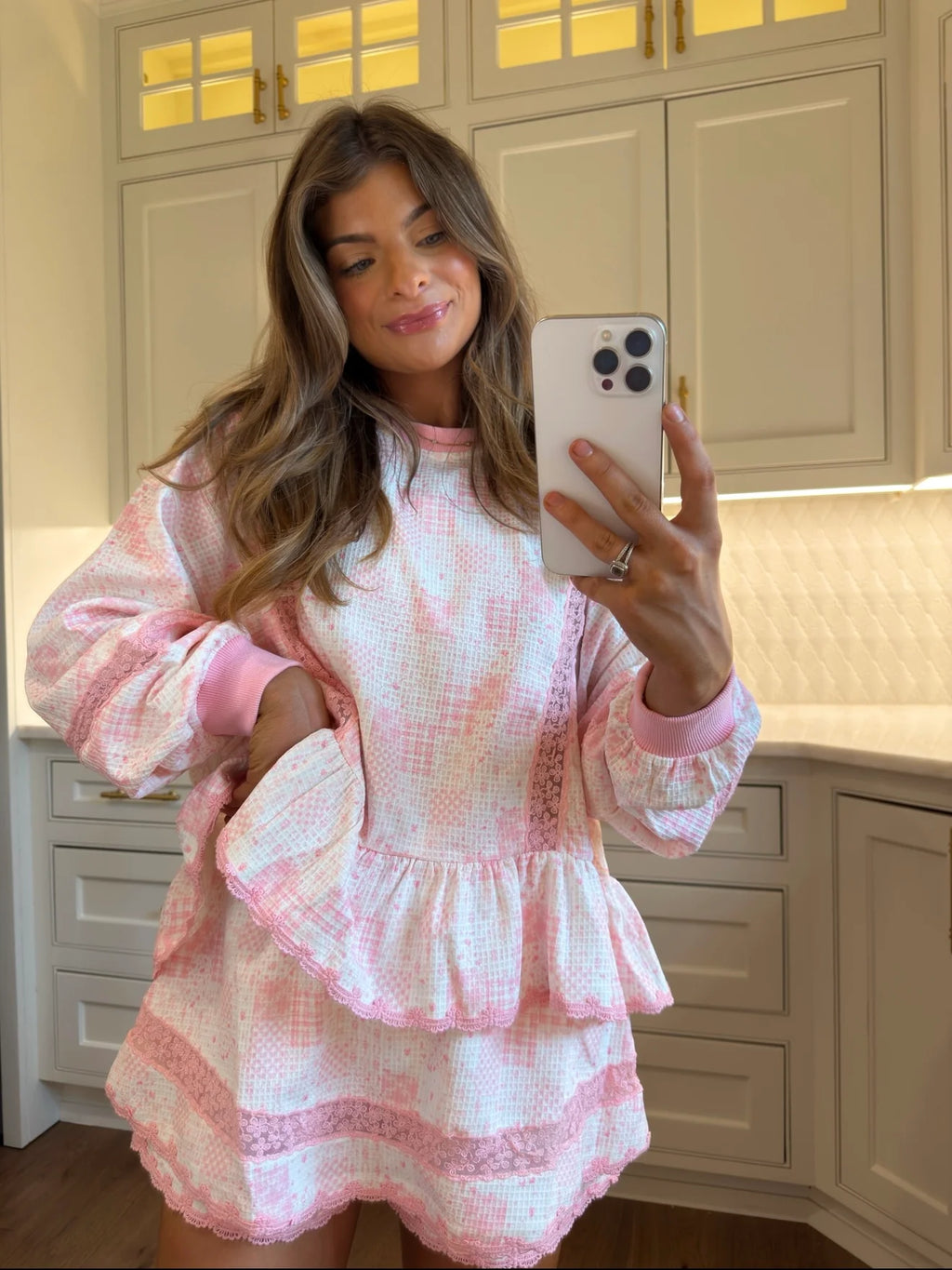 Thistleby Pink Speckled Lace Trim Lounge Set - Pink / White