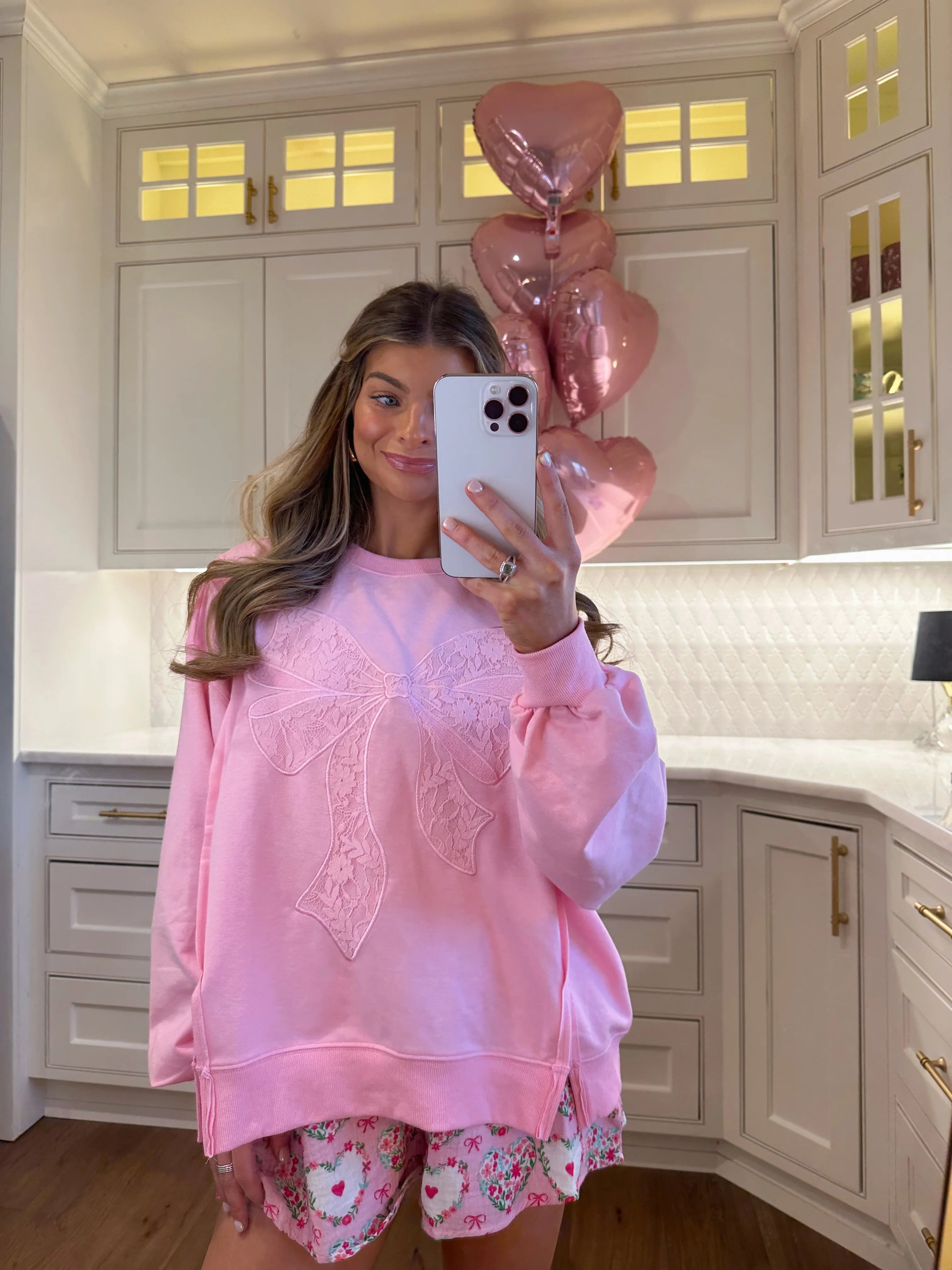 Rosie Bow Lace Ribbon Patchwork Crewneck Sweatshirt - Pink