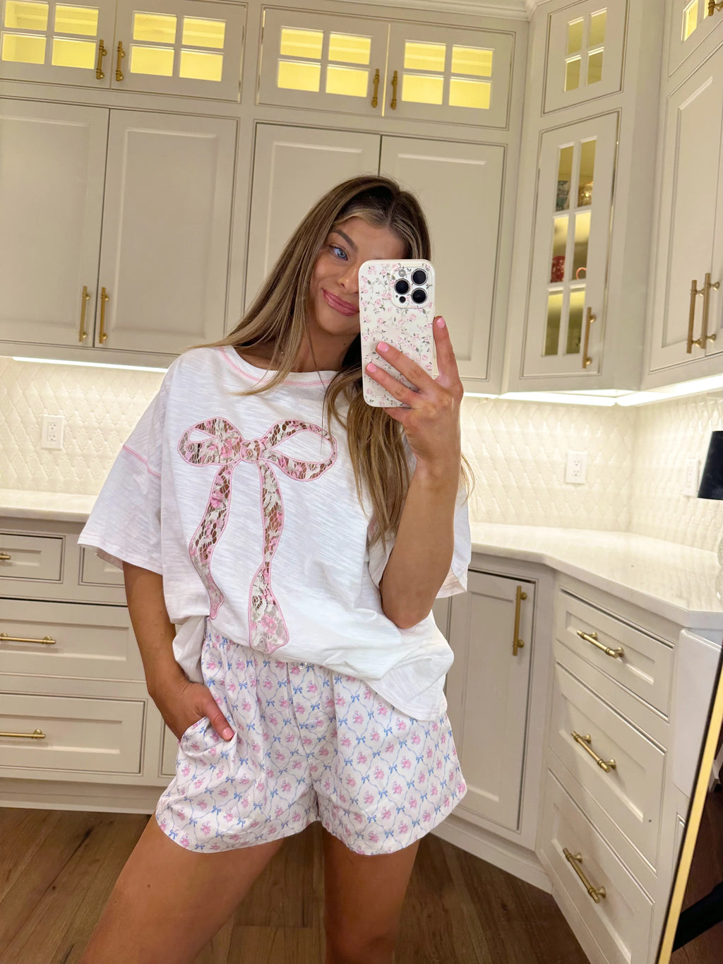 LARGE Beauty Bow Embroidered Oversized Tee - White / Pink