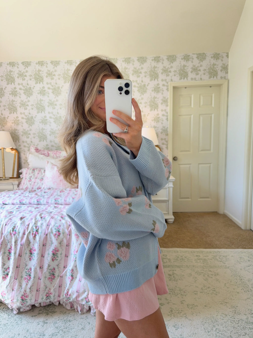 Asha Floral Crewneck Sweater - Light Blue