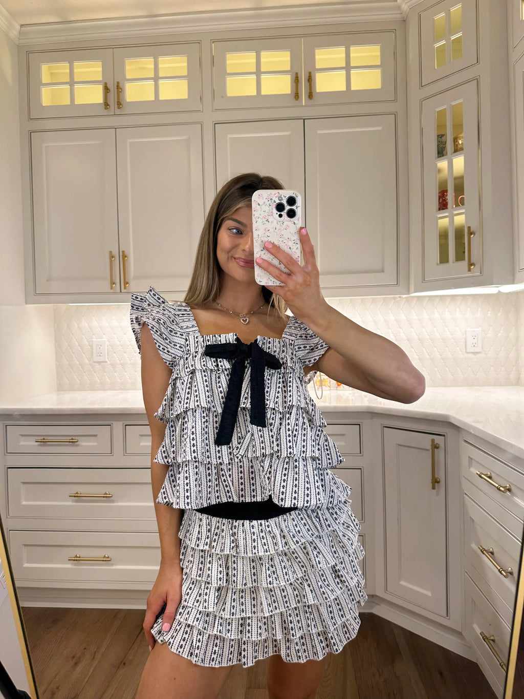 Thalassa Flower Stripe Ruffle Top - Black / White