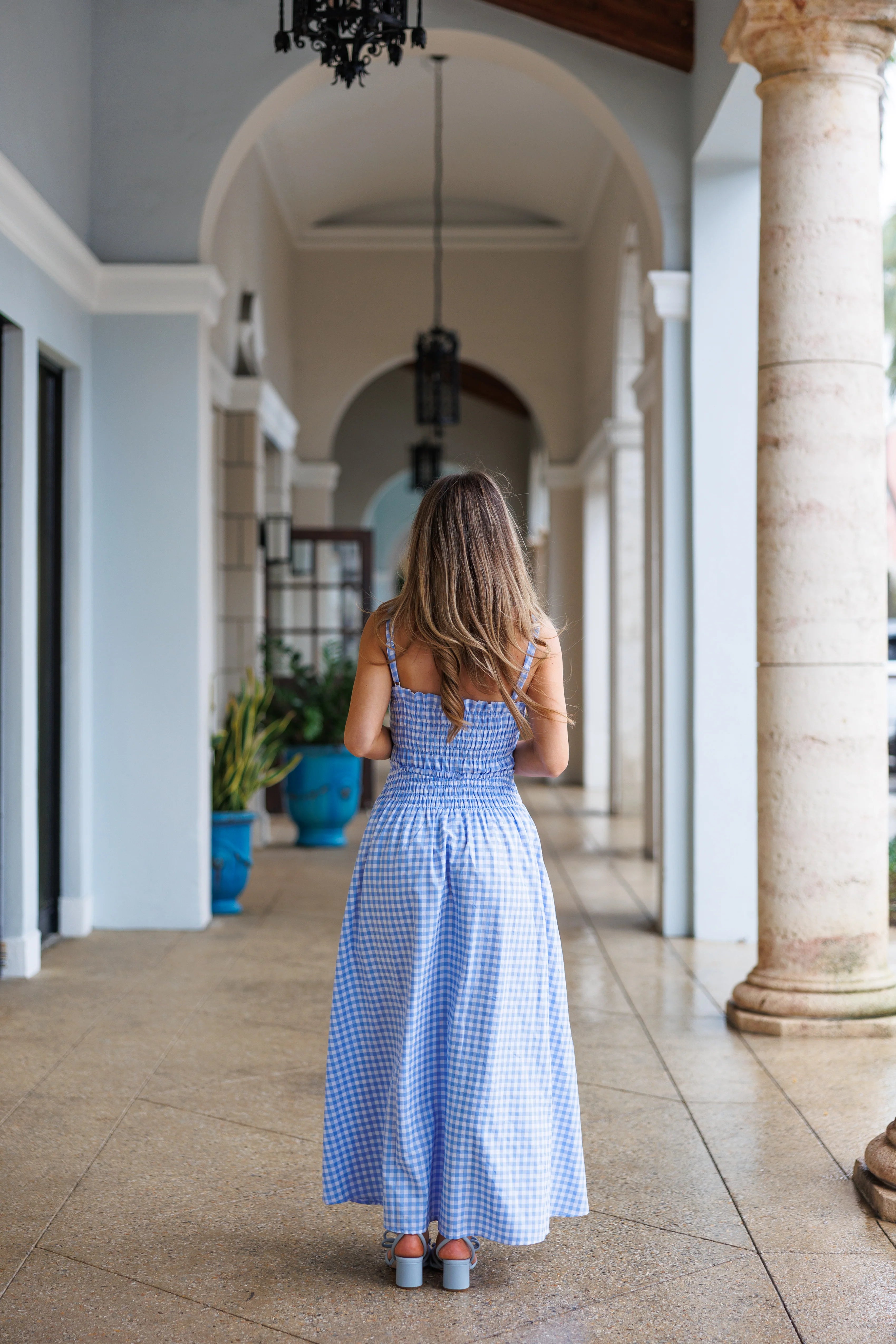 Gingham Girl Gingham Smocked Bodice Midi Dress - Light Blue