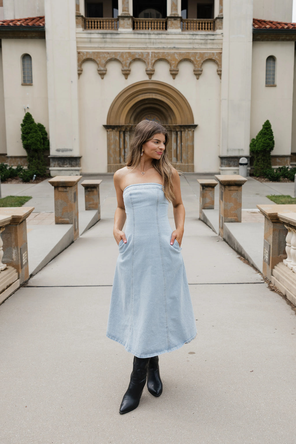 Hadley Strapless Denim Midi Dress - Light Wash