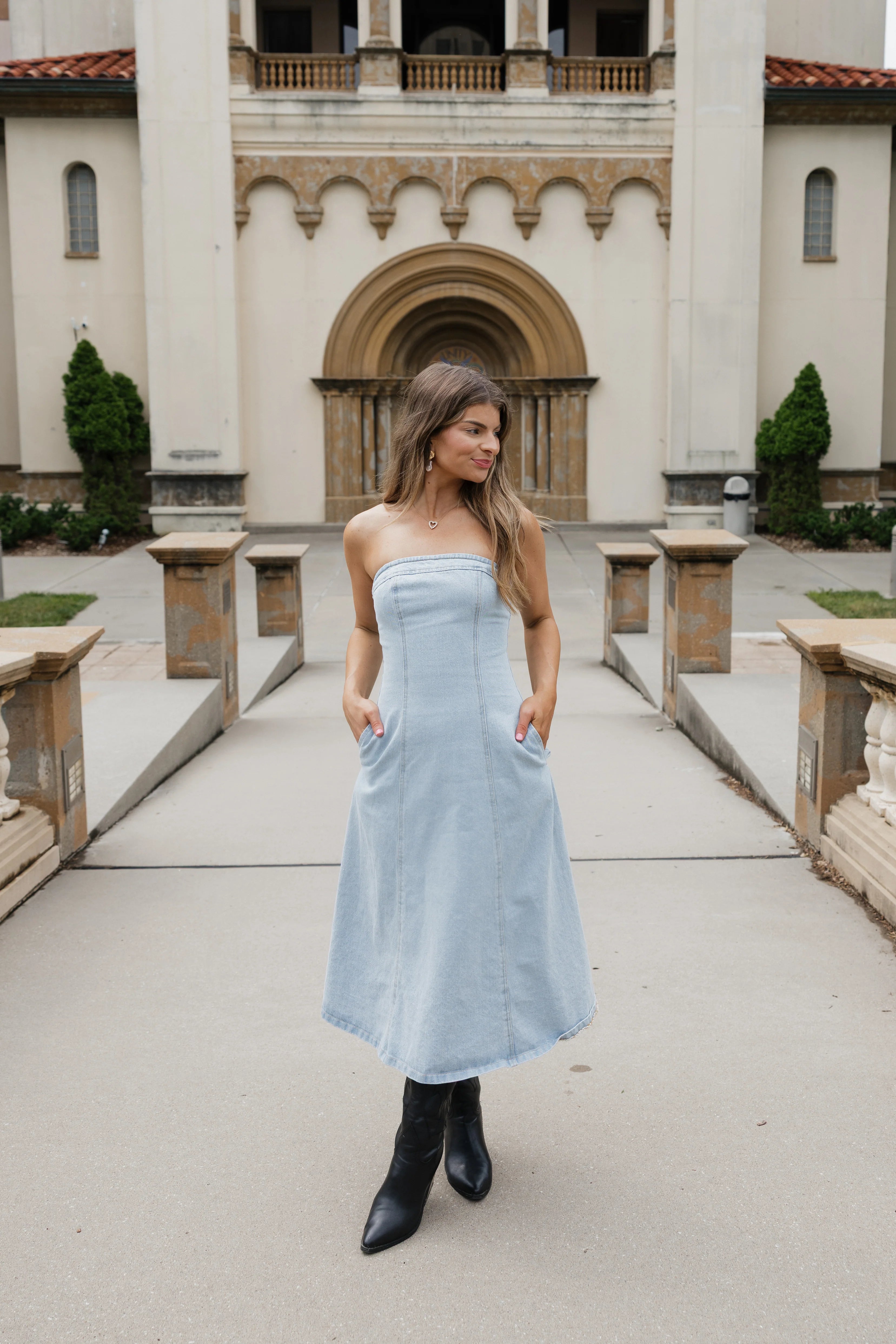 Hadley Strapless Denim Midi Dress - Light Wash
