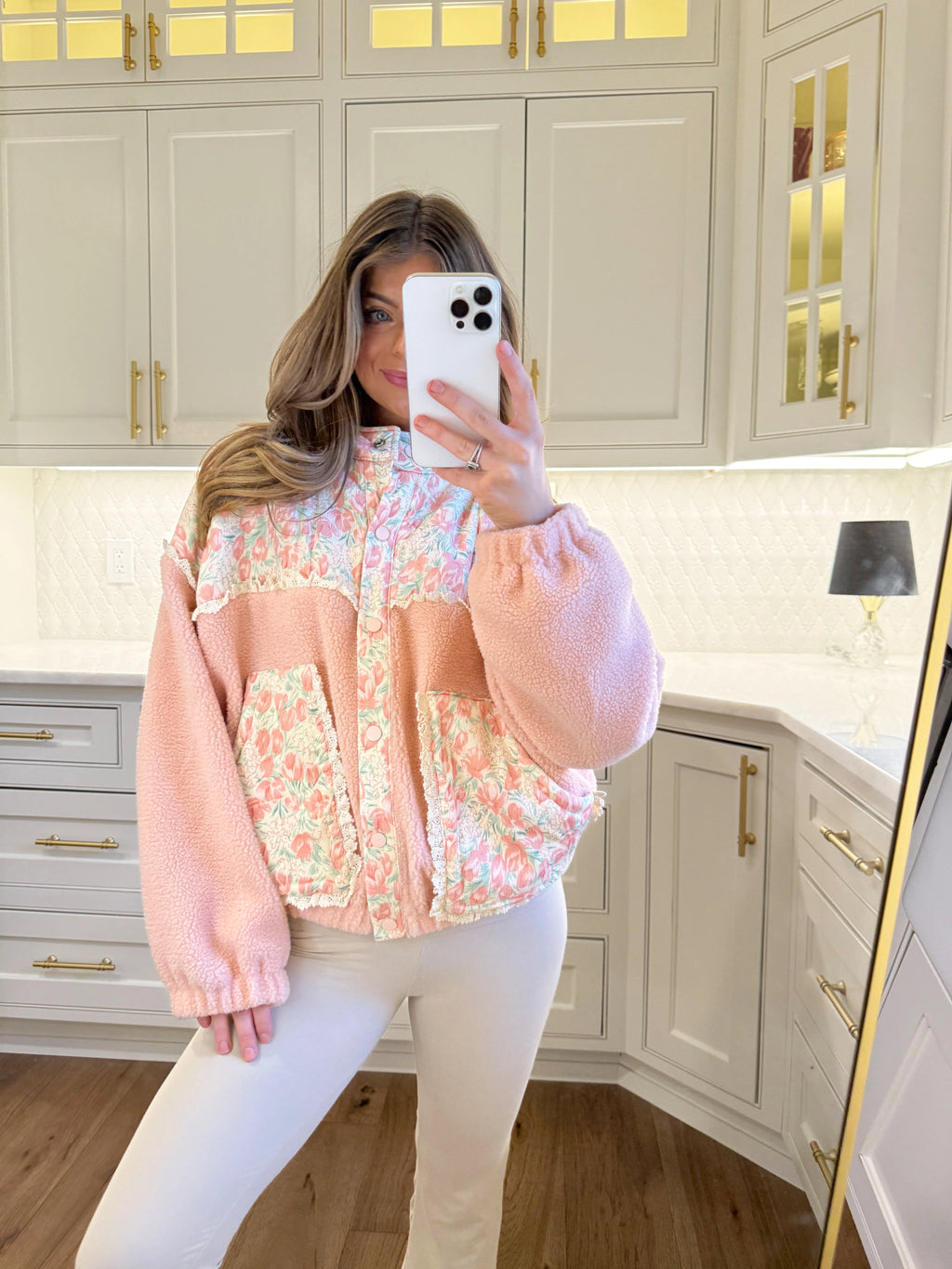 Preorder ships in one week - Teddy Sherpa Floral Mix Jacket - Pink