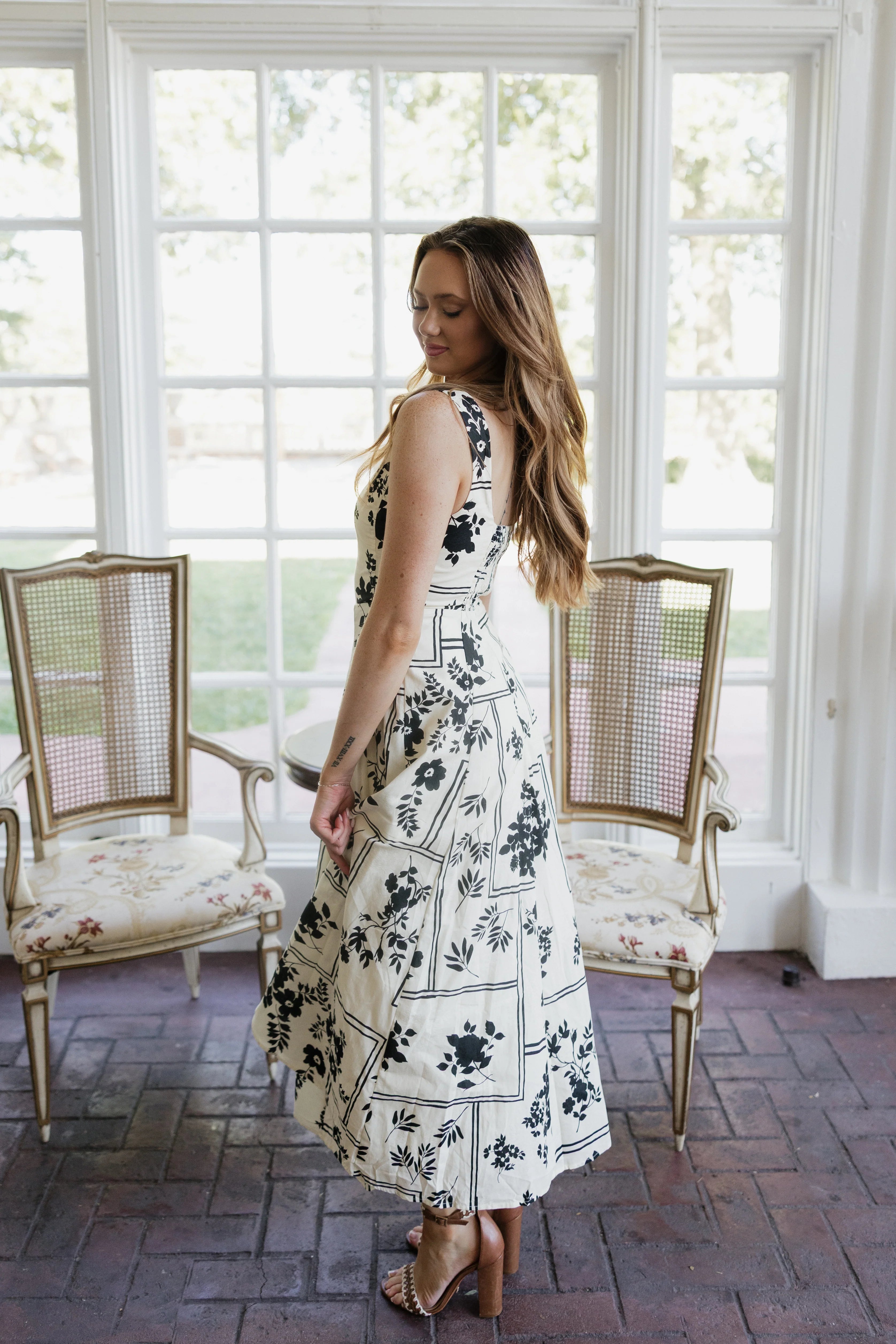 Kennedy Floral Midi Dress - Cream / Black