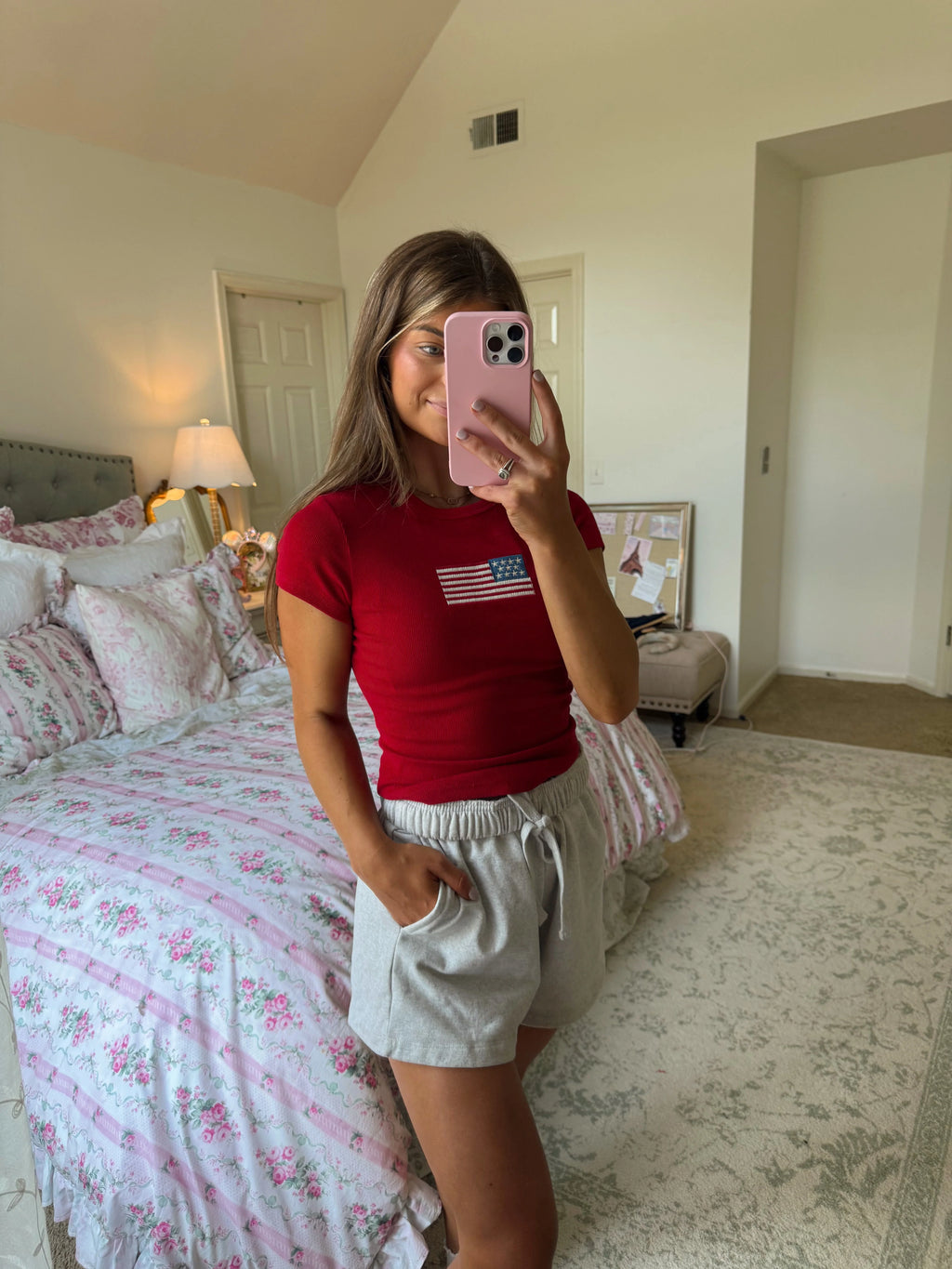 Gia Embroidered Flag Baby Tee - Red