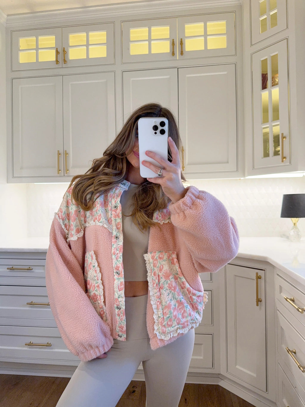 Preorder ships in one week - Teddy Sherpa Floral Mix Jacket - Pink