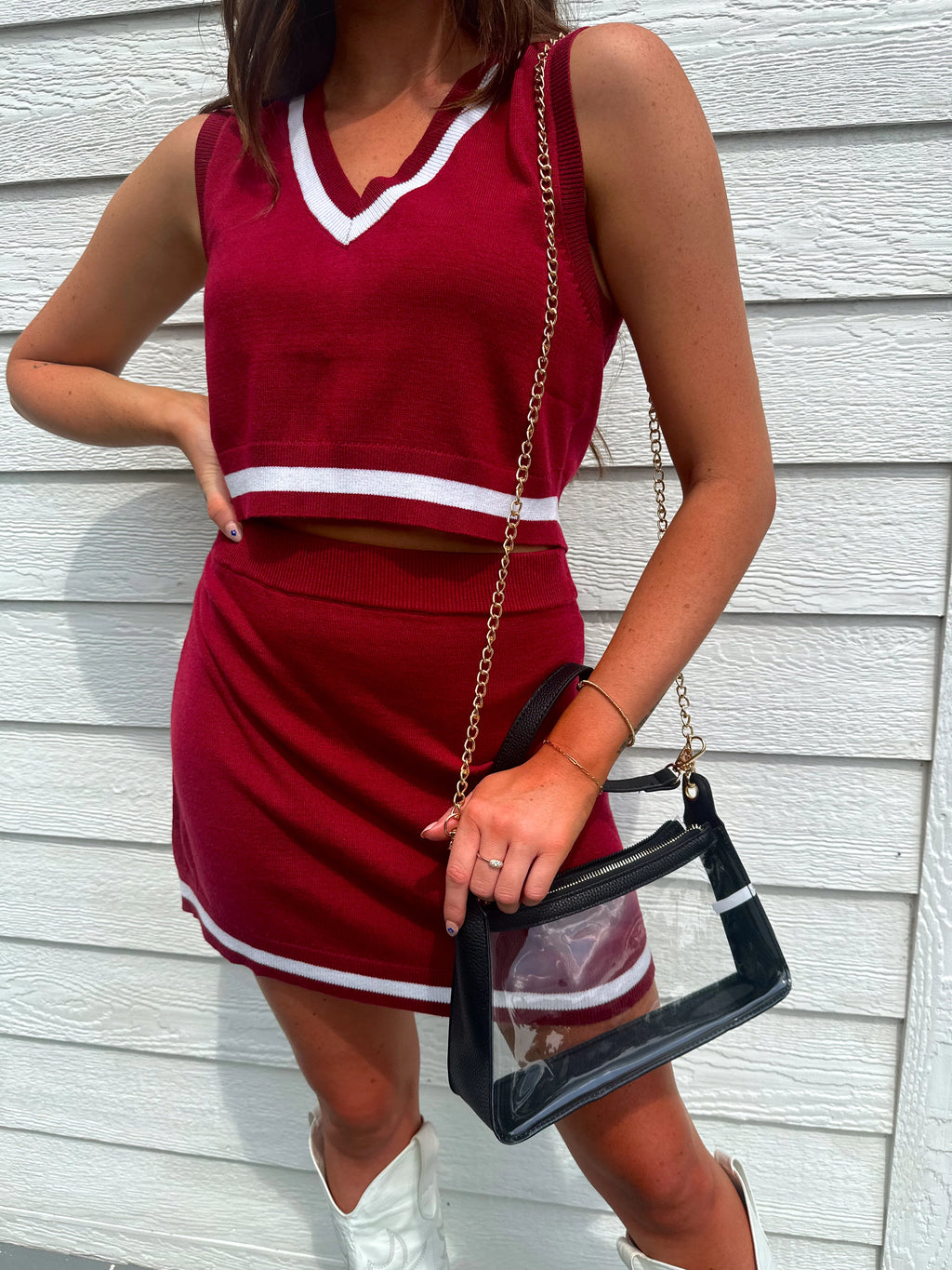 Emory Striped Sweater Top and Skirt Set - Crimson/White