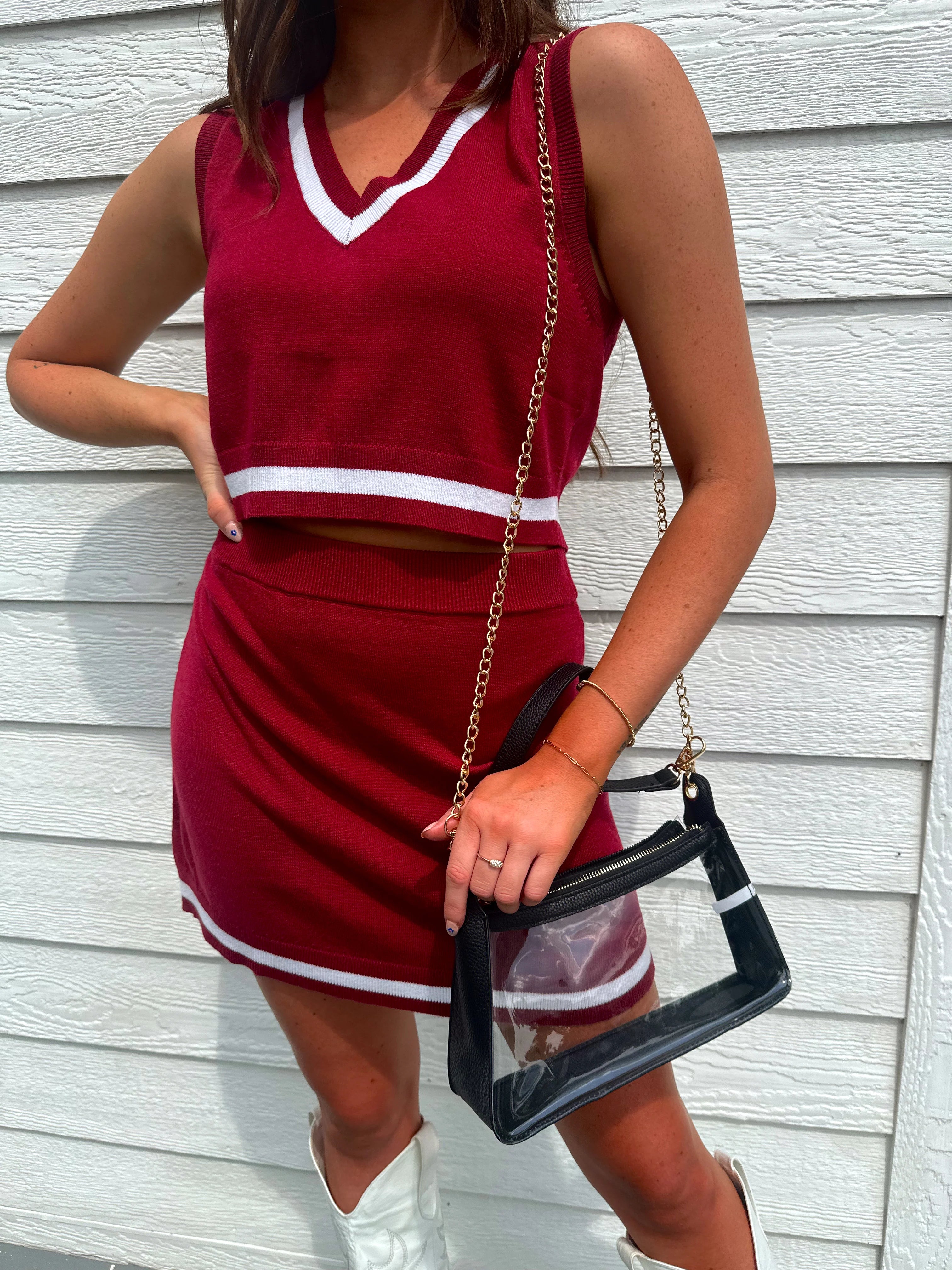 Emory Striped Sweater Top and Skirt Set - Crimson/White