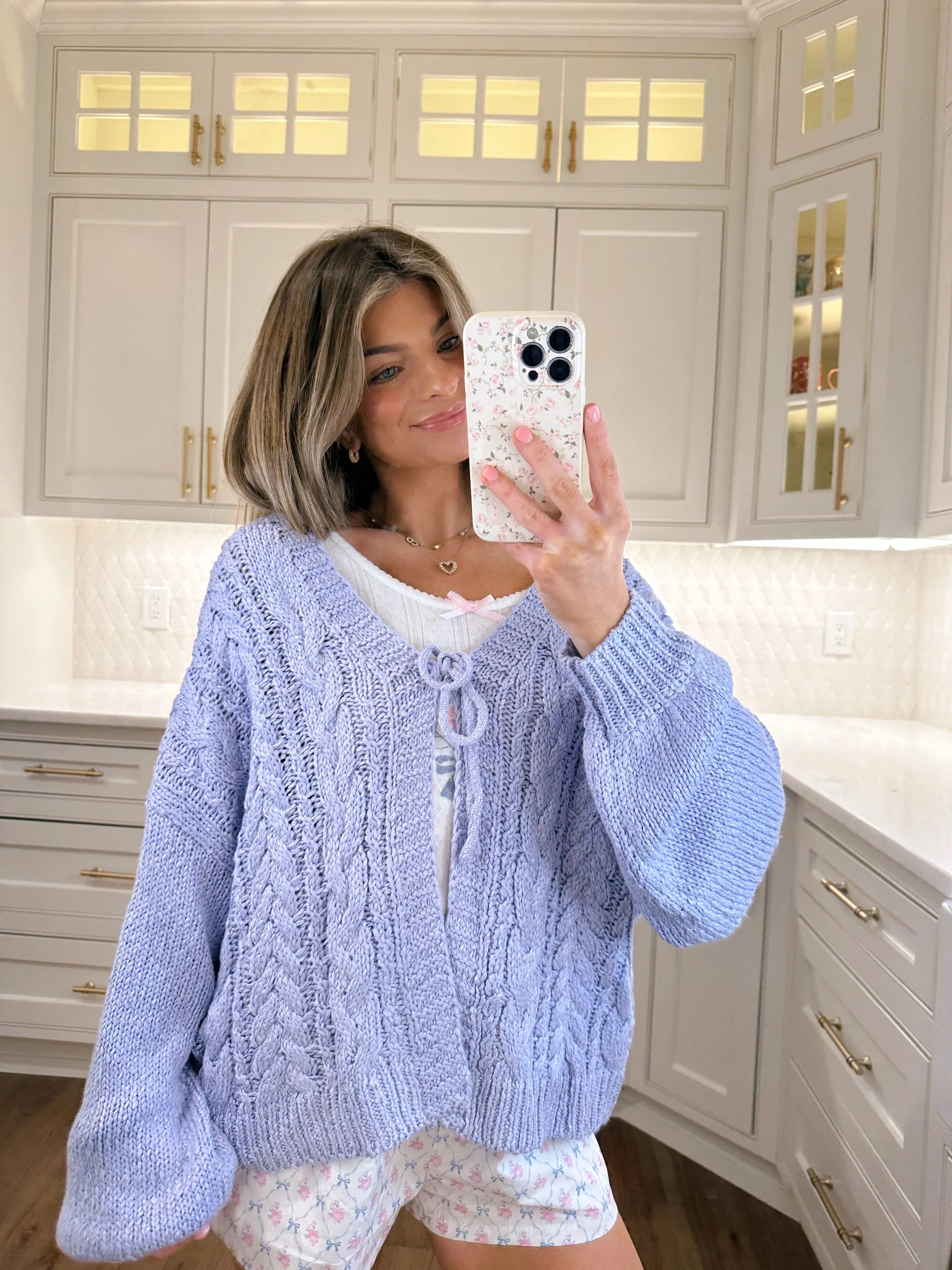 Polished Tie Front Oversized Cardigan - Lavender