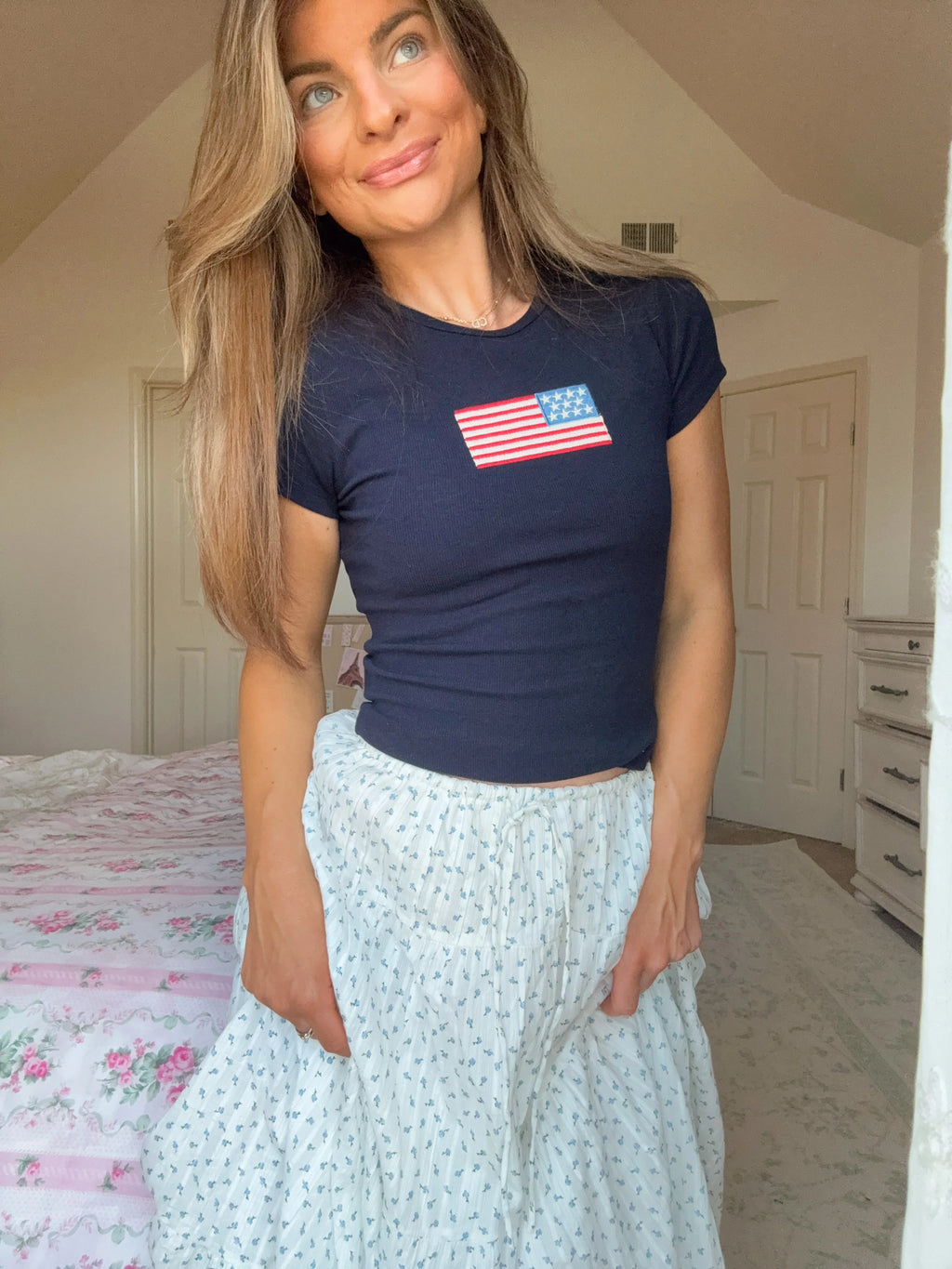 LARGE Gia Embroidered Flag Baby Tee - Navy