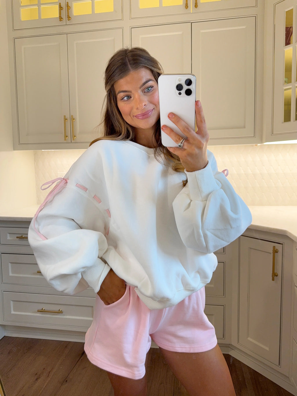 Cottage Tie Detail Sweatshirt - White / Pink