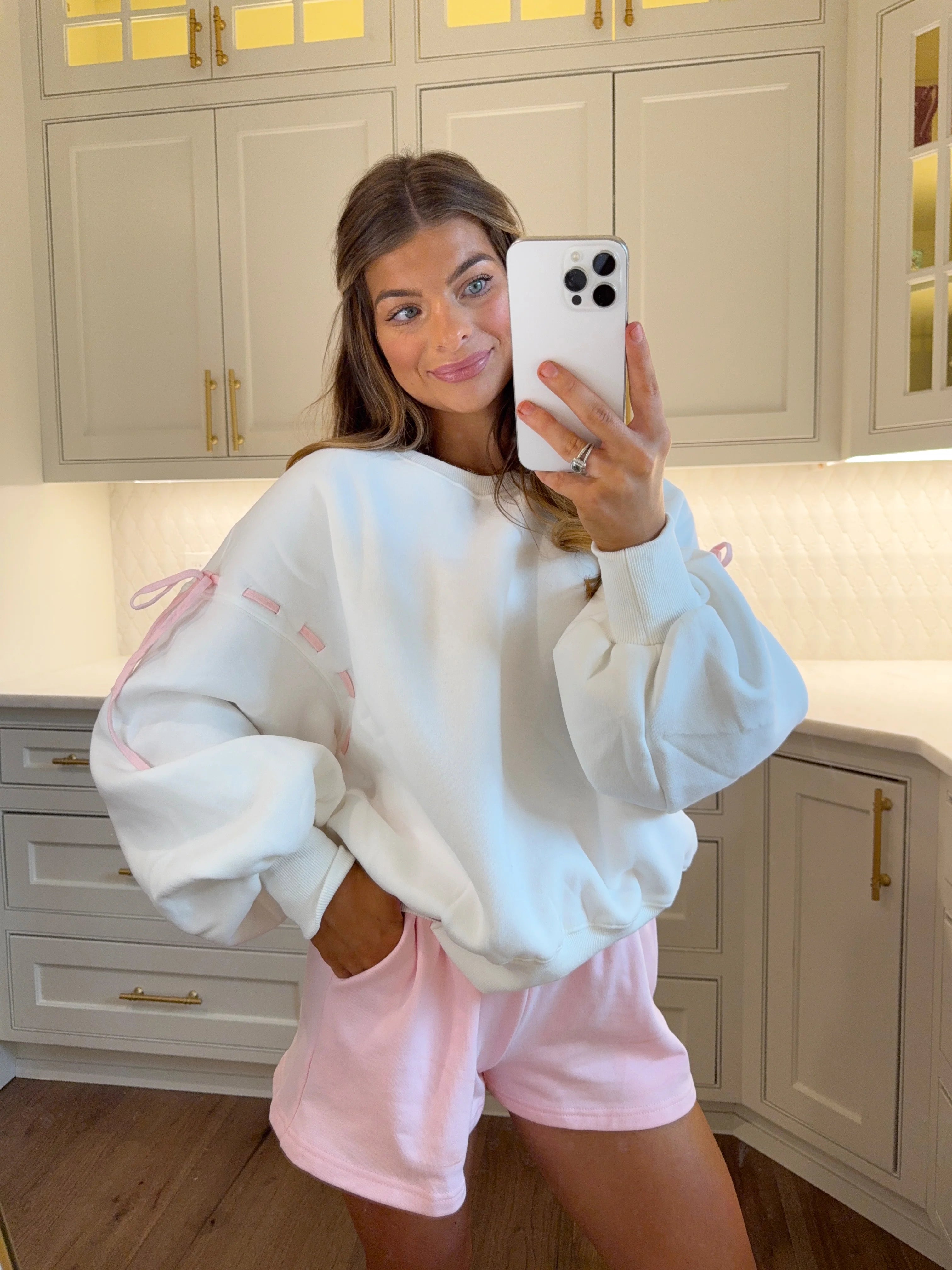 Cottage Tie Detail Sweatshirt - White / Pink