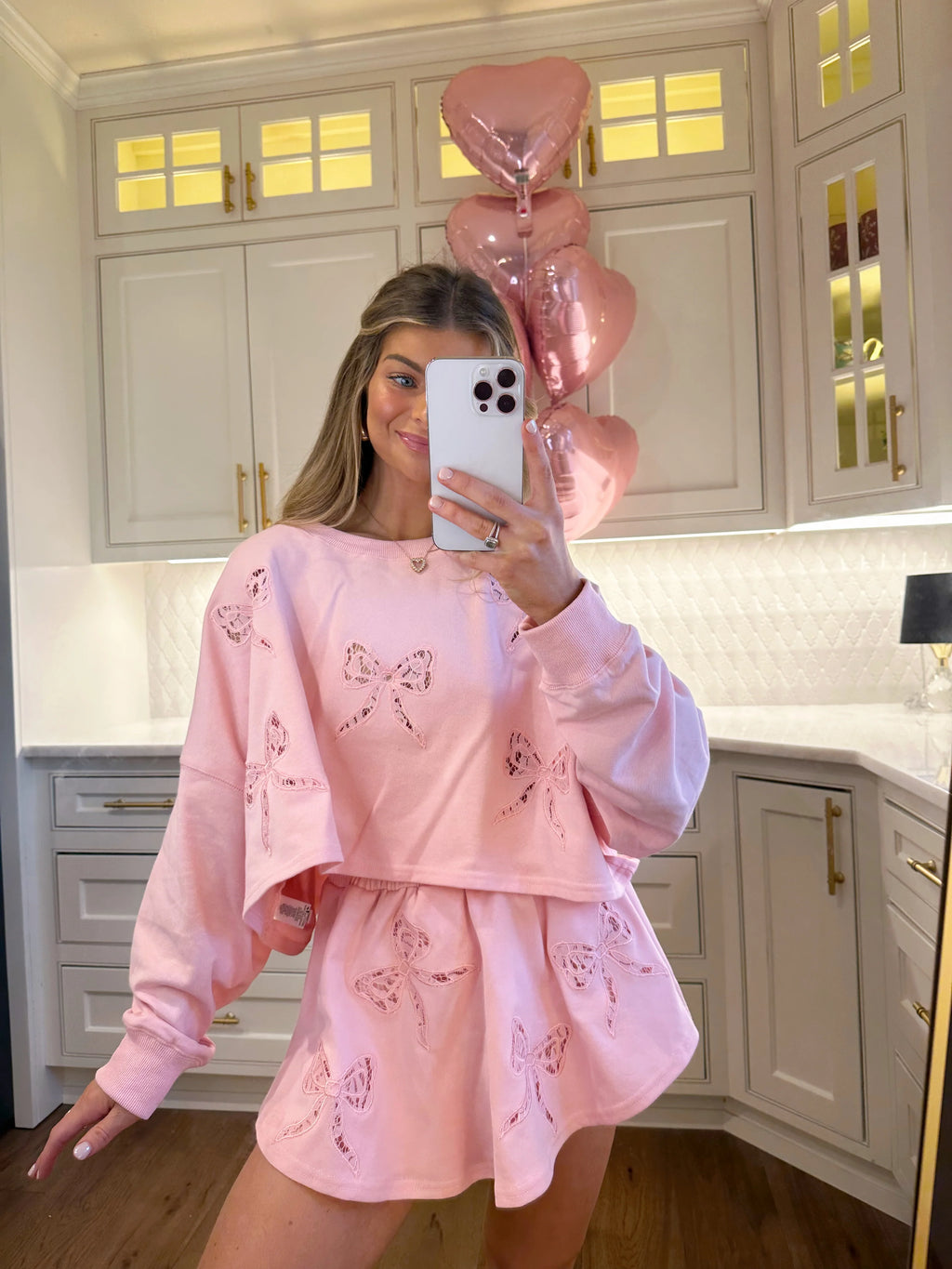 Show Me Love Bow Lace Embellished French Terry Set - Light Pink