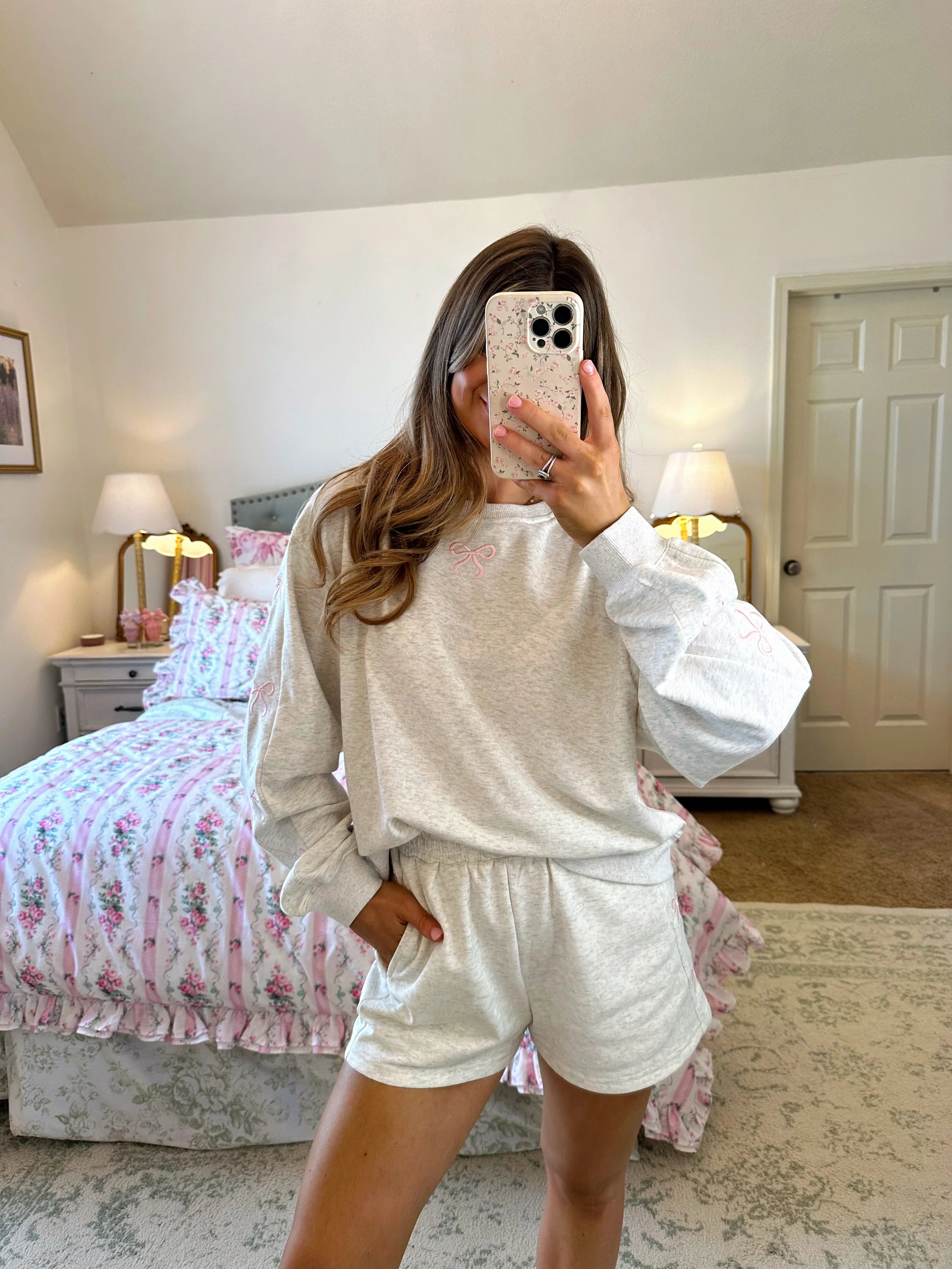 Noah Bow Embroidered Sweat Set - Heathered Grey