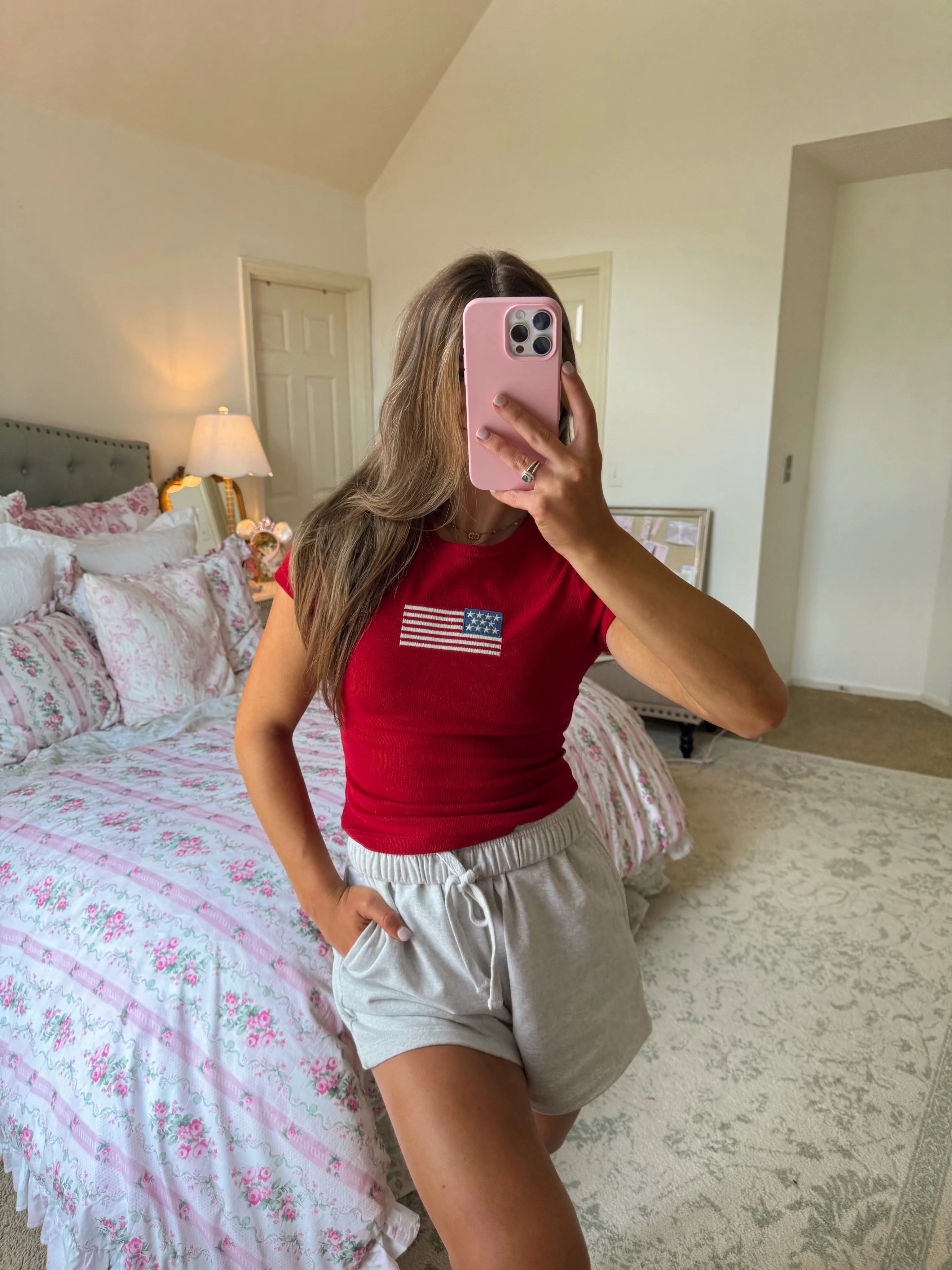 Gia Embroidered Flag Baby Tee - Red