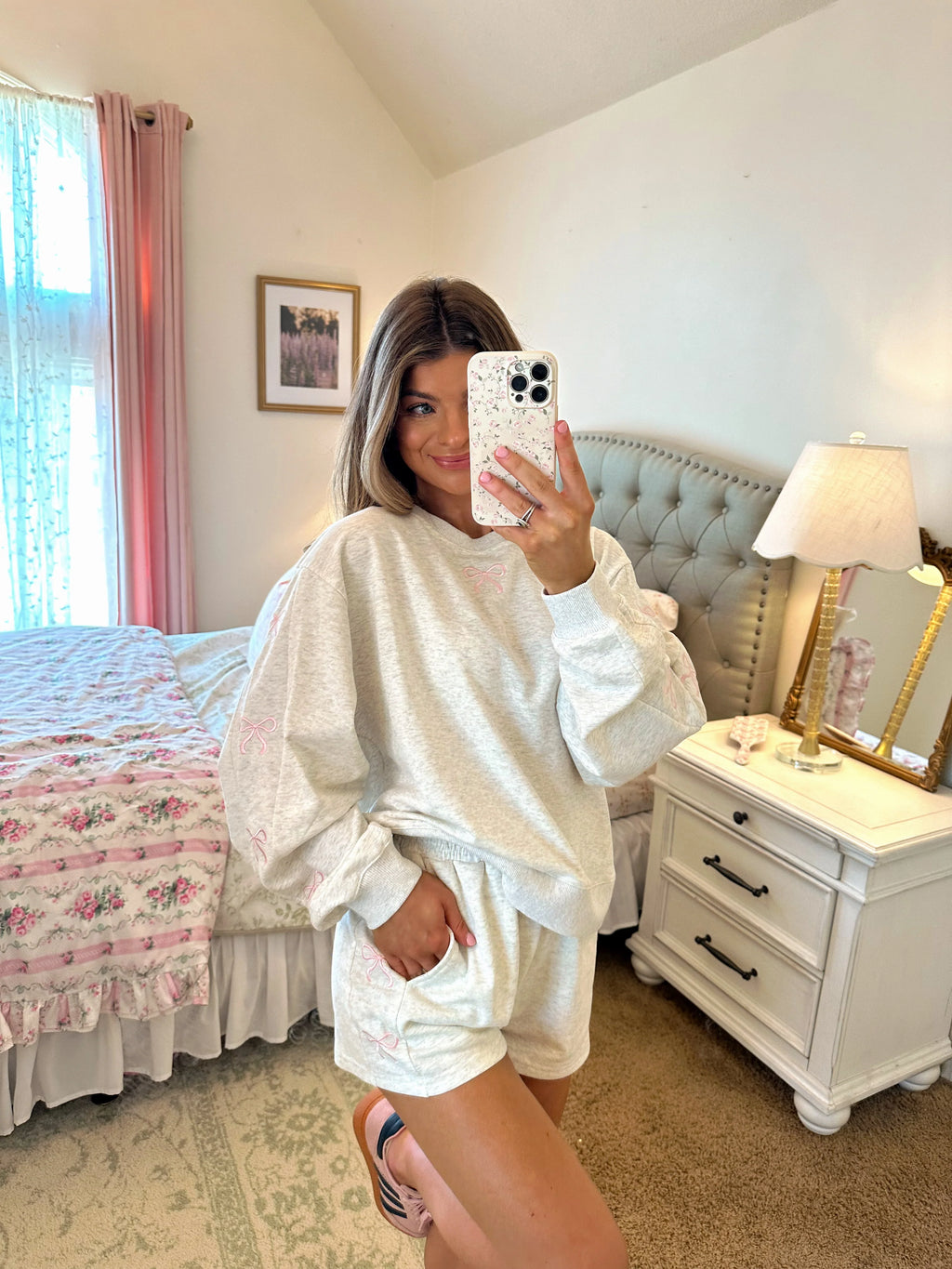 Noah Bow Embroidered Sweat Set - Heathered Grey