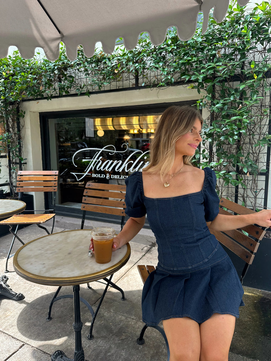 Etta Denim Puff Sleeve Top and Pleated Skirt Set