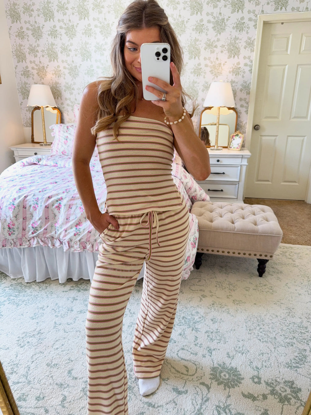 Monroe Striped Tube Top and Pant Set - Cream / Green / Pink
