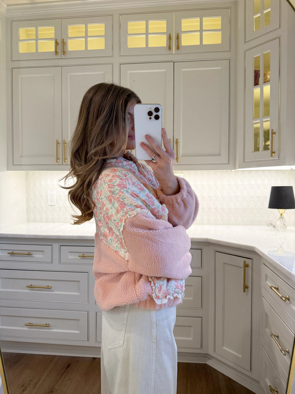 Preorder ships in one week - Teddy Sherpa Floral Mix Jacket - Pink