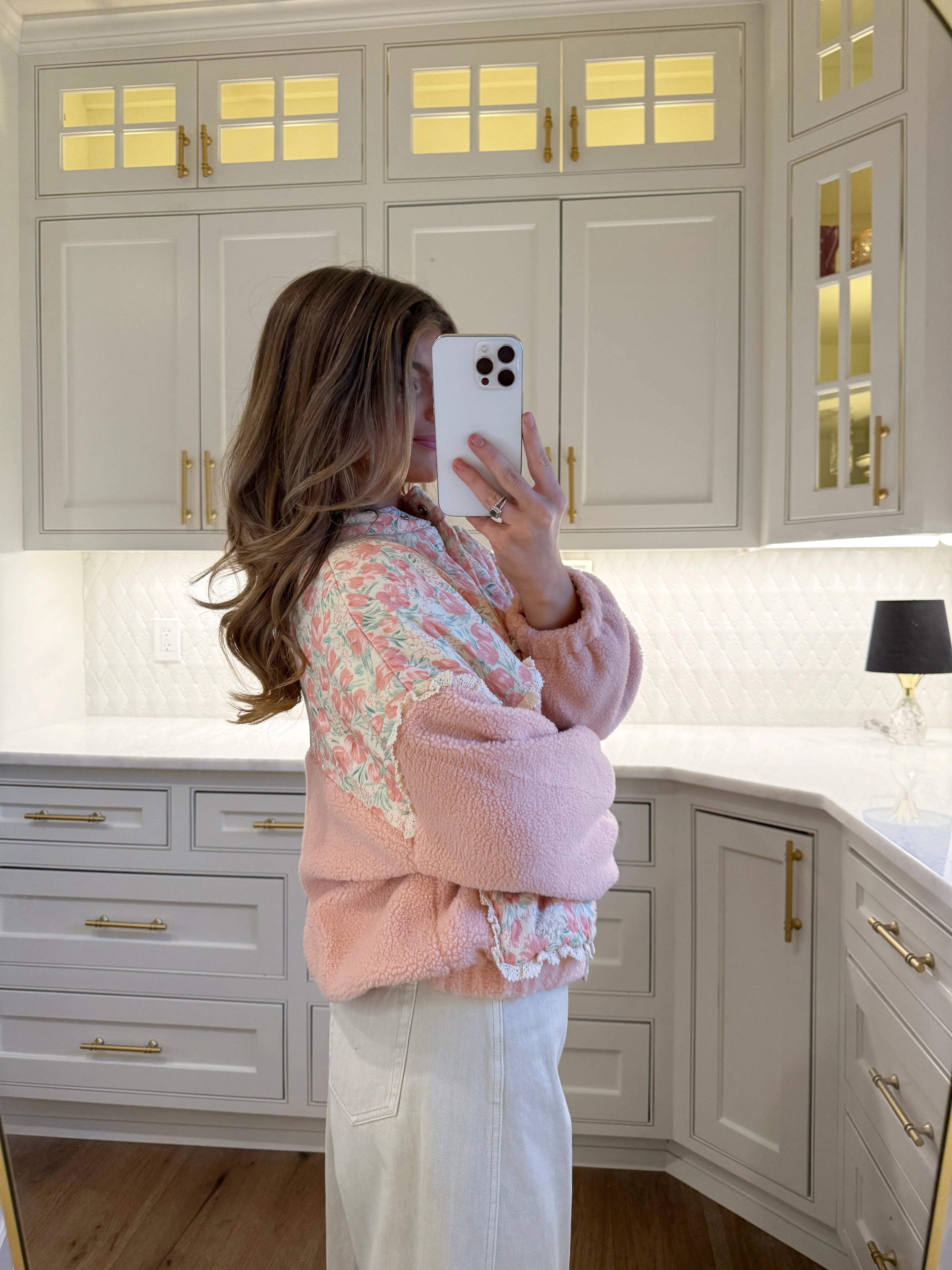 Preorder ships in one week - Teddy Sherpa Floral Mix Jacket - Pink