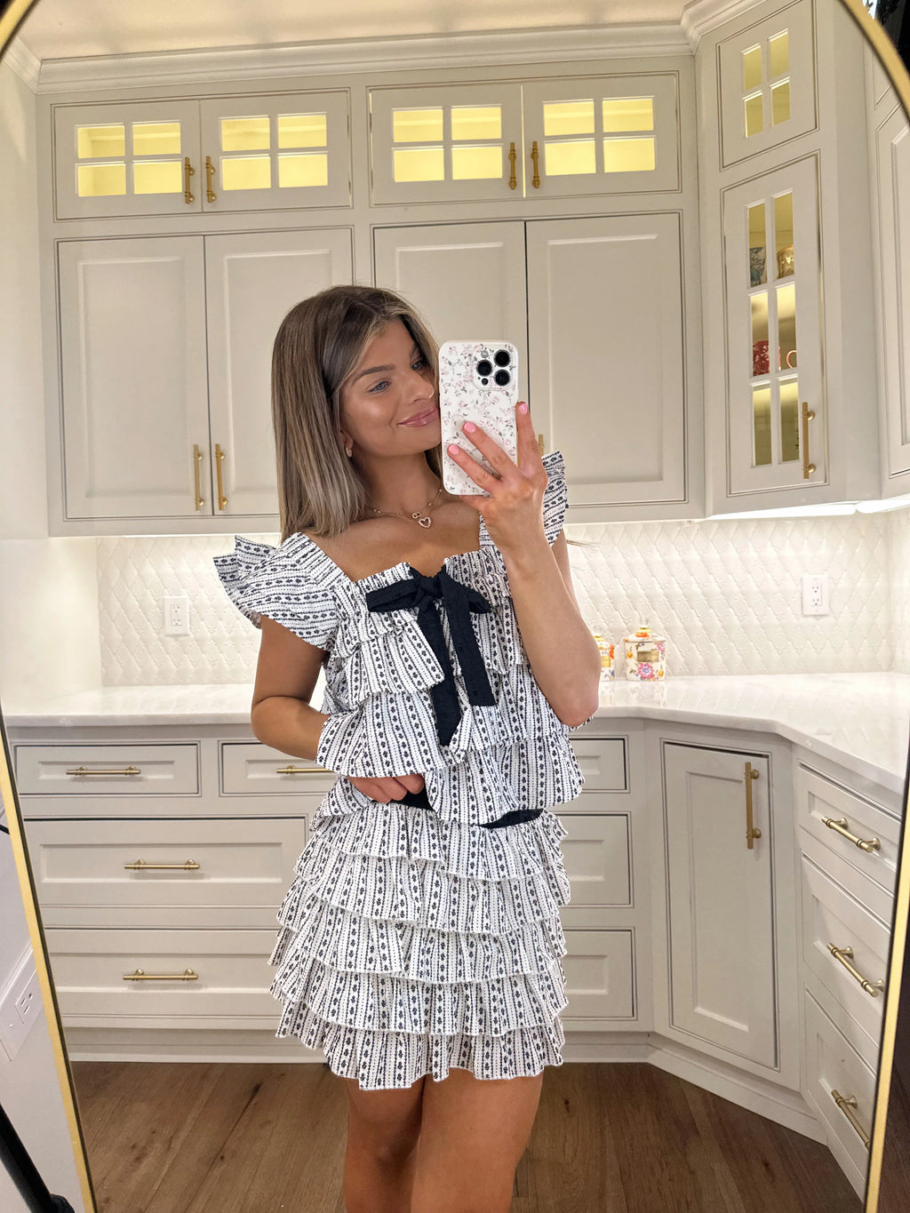 Thalassa Flower Stripe Ruffle Mini Skirt - Black / White