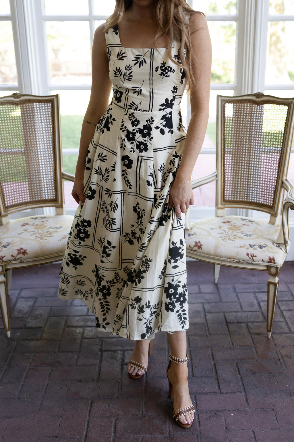 Kennedy Floral Midi Dress - Cream / Black