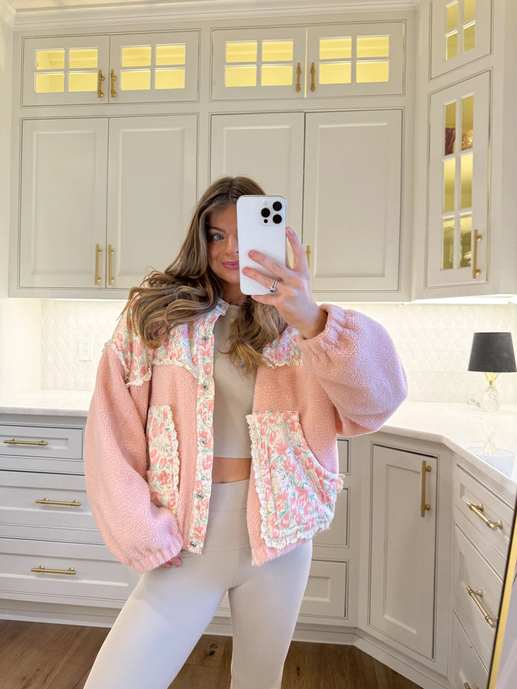 Preorder ships in one week - Teddy Sherpa Floral Mix Jacket - Pink