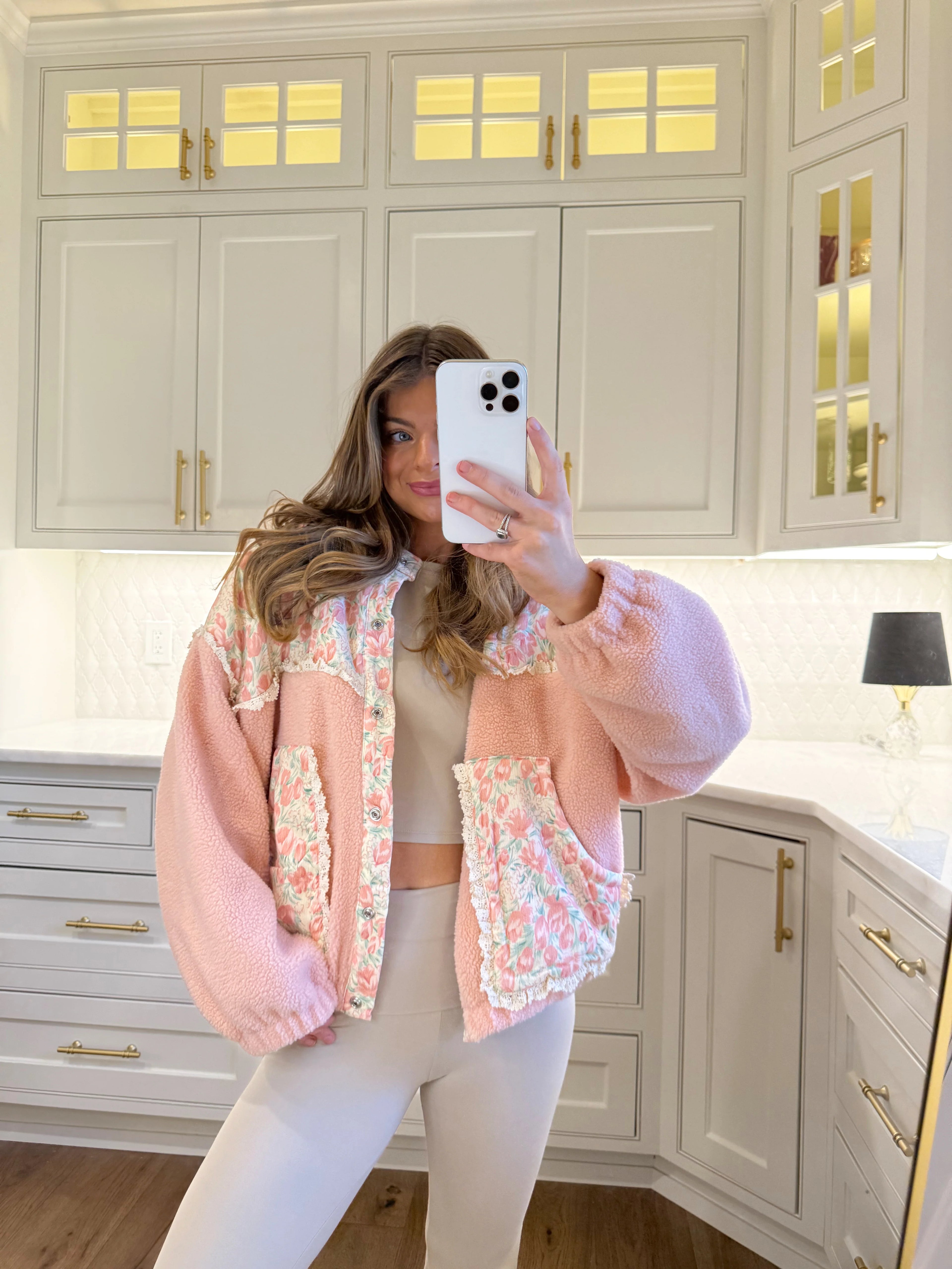 Preorder ships in one week - Teddy Sherpa Floral Mix Jacket - Pink