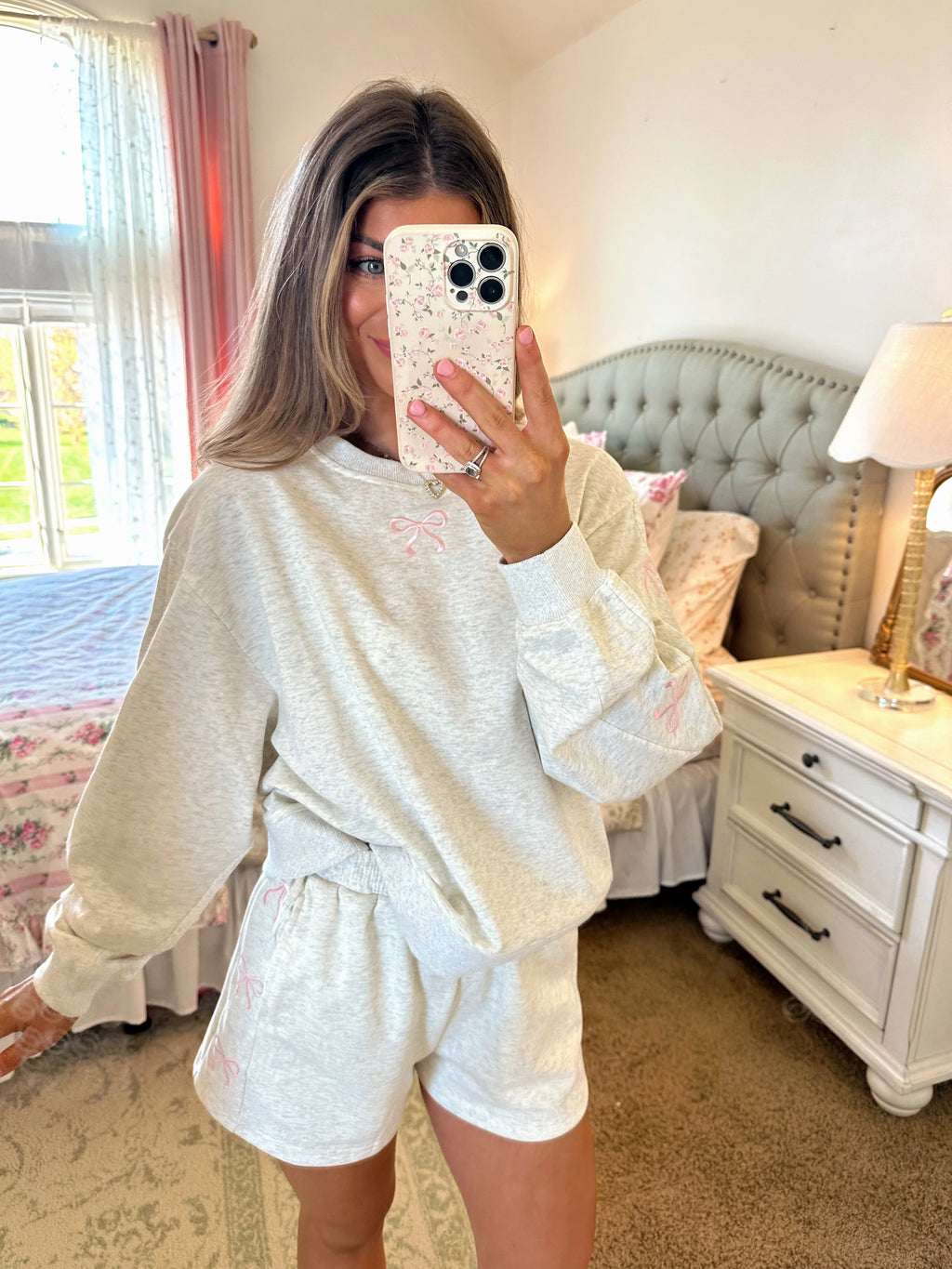 Noah Bow Embroidered Sweat Set - Heathered Grey