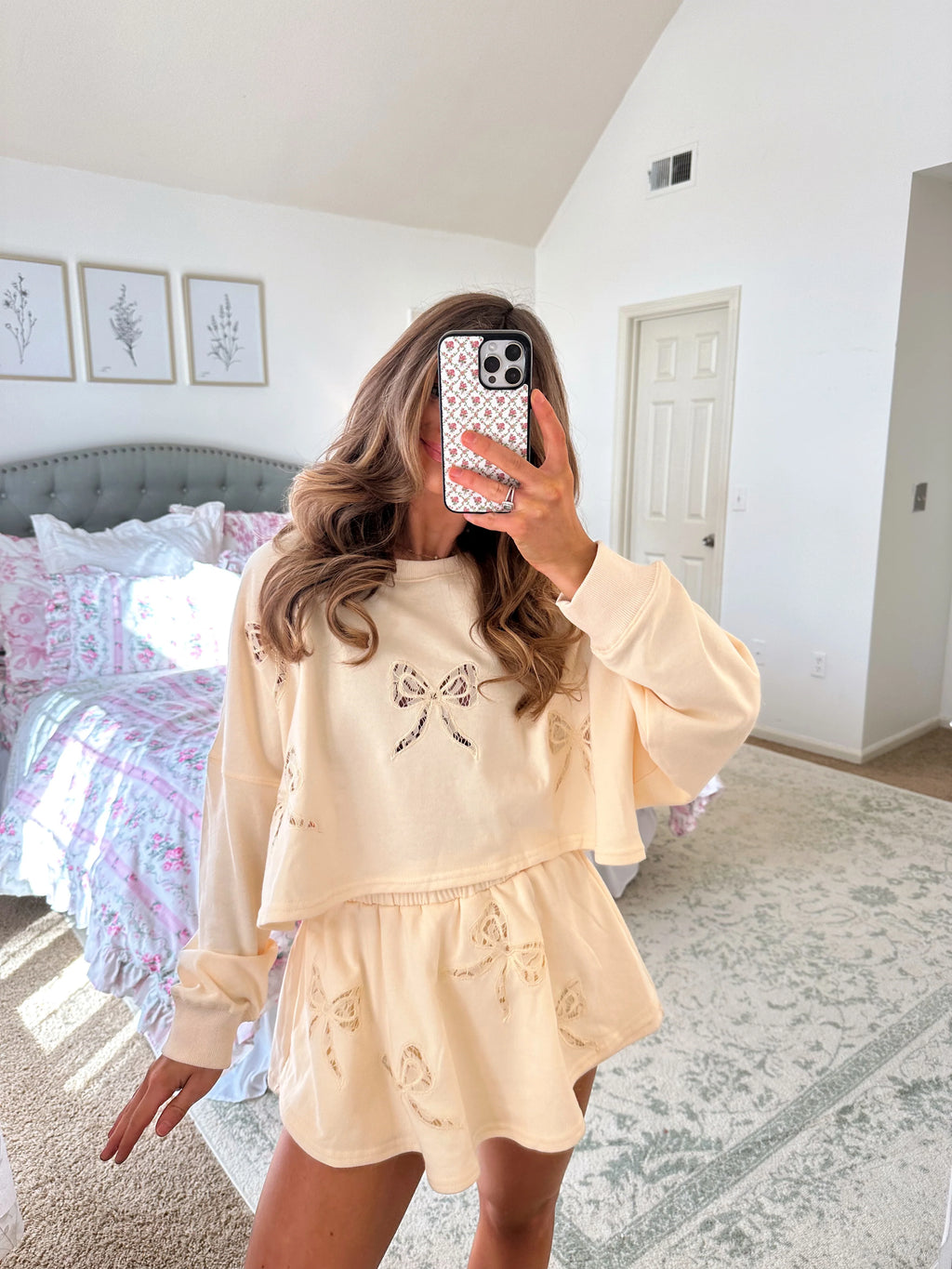 Show Me Love Bow Lace Embellished French Terry Set - Cream