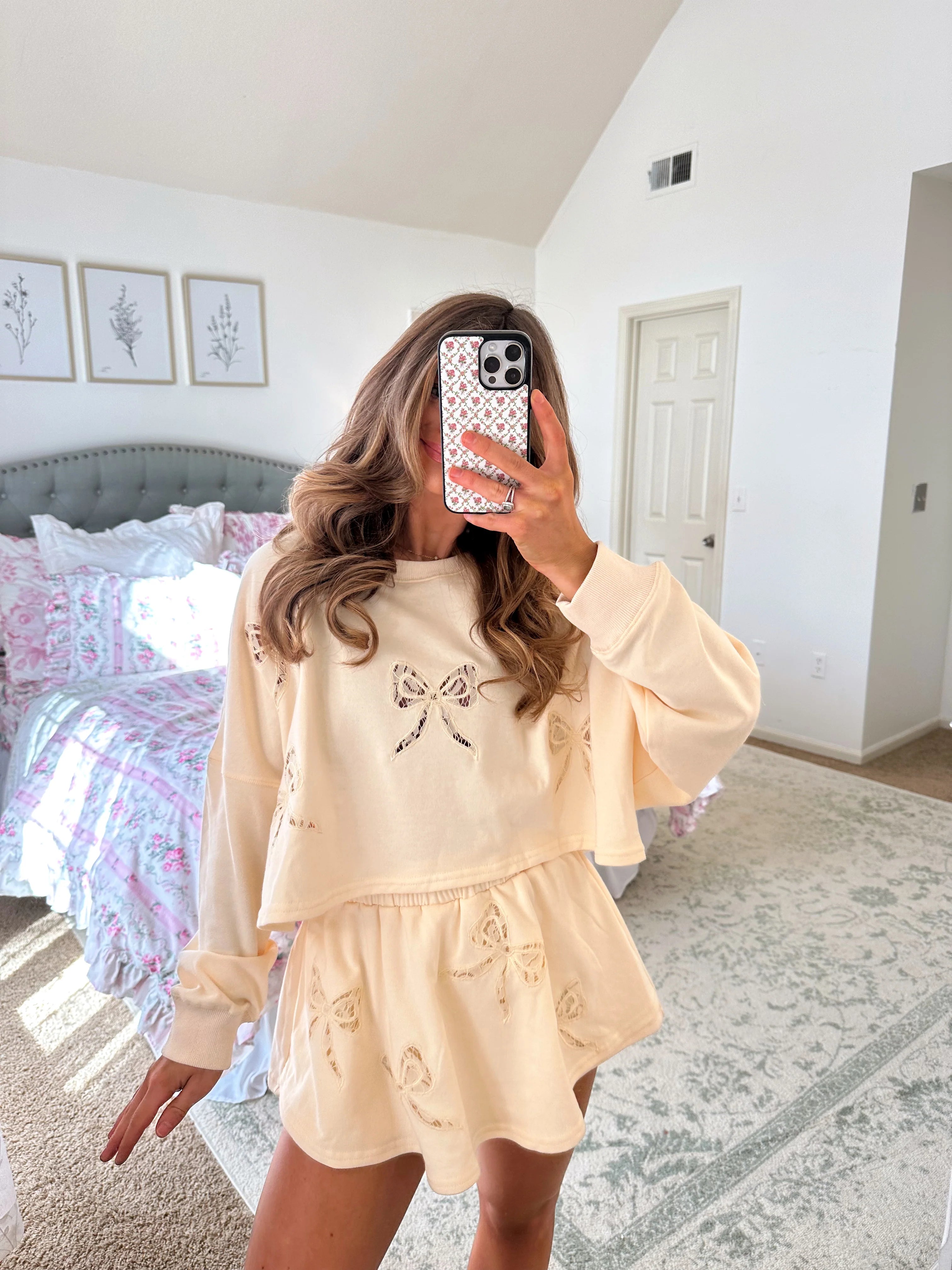 Show Me Love Bow Lace Embellished French Terry Set - Cream