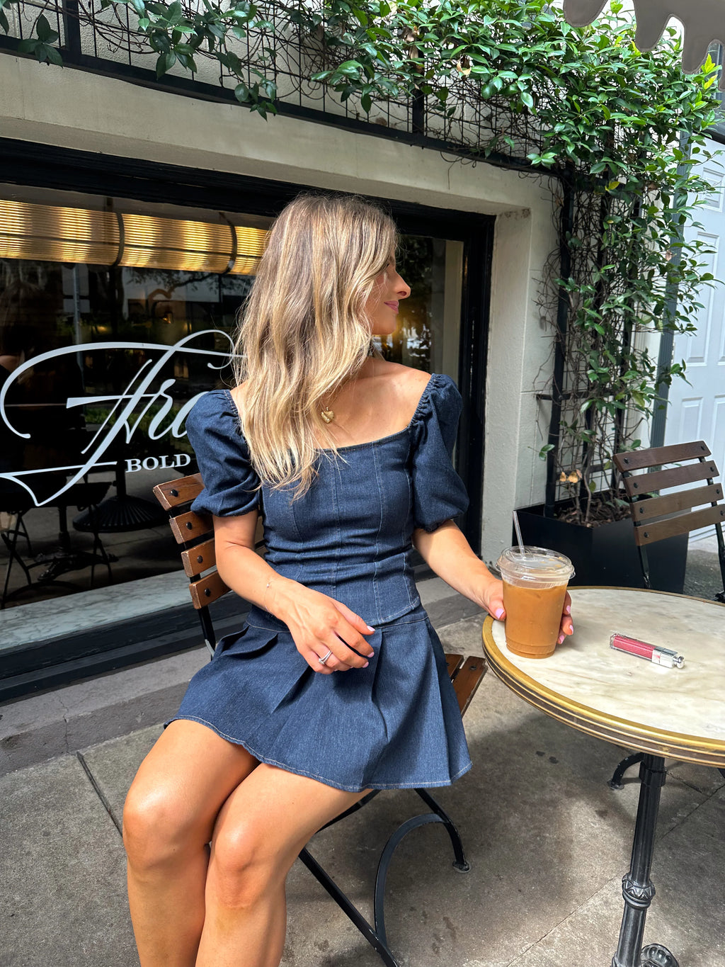 Etta Denim Puff Sleeve Top and Pleated Skirt Set