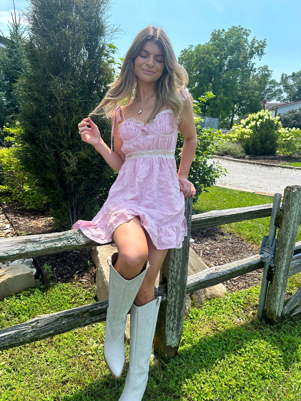 MEDIUM Out and About Checkered Mini Dress - Pink